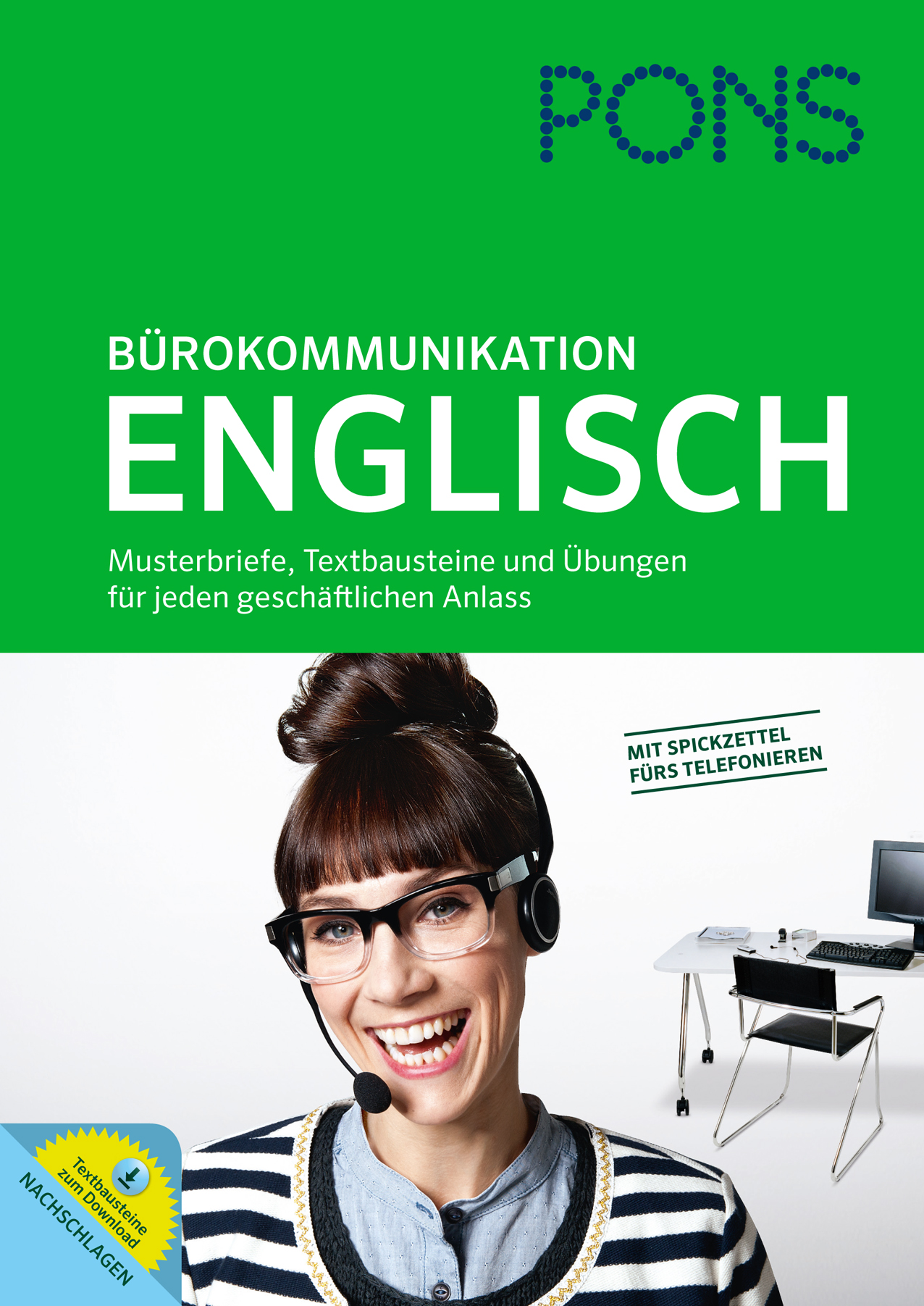 Buchumschlag mit dem Titel Bürokommunikation Englisch mit einer lächelnden Frau, die im Vordergrund ein Headset trägt, und einem Bürotisch mit einem Computer und einem Telefon im Hintergrund.