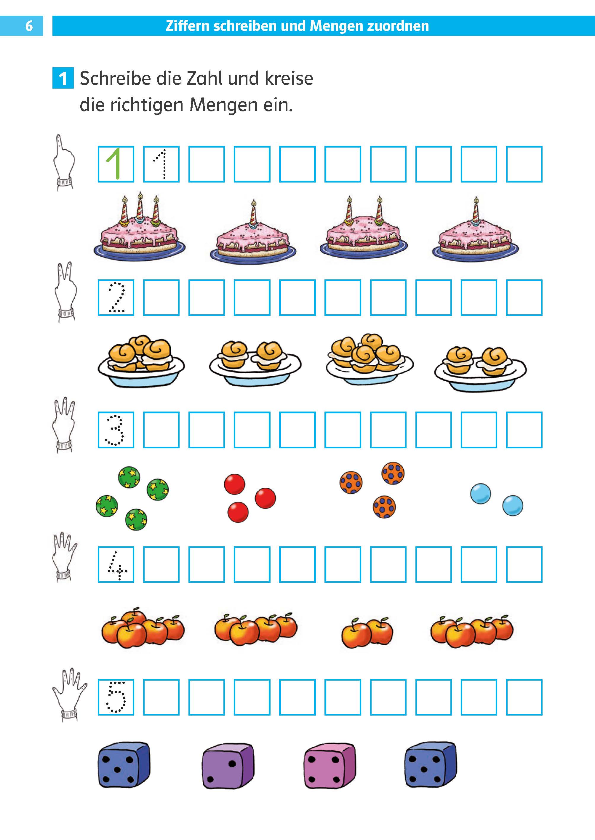 Ein Arbeitsblatt mit Abbildungen von Kuchen, Nudelplatten, Tomaten, Äpfeln und Würfeln, mit Kästchen für passende Mengen und Zahlen neben jeder Zeile. Deutsche Anweisungen am Anfang des Blattes.