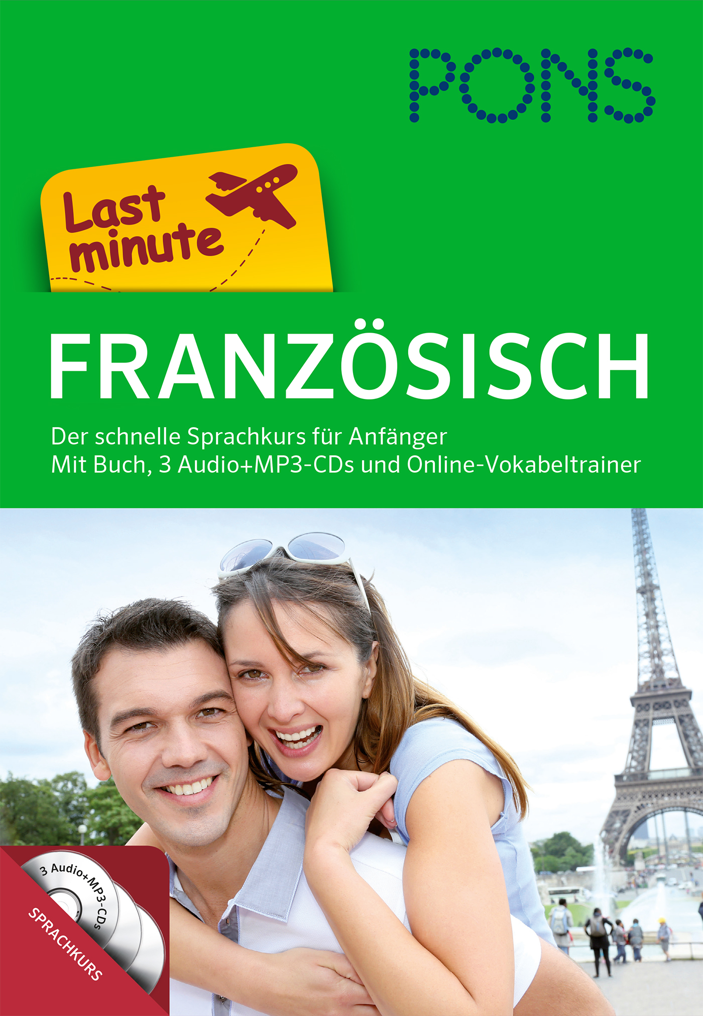 Ein lächelndes Paar posiert vor dem Eiffelturm. Das Bild befindet sich auf dem Cover eines deutschsprachigen Französisch-Lernsets von PONS mit dem Titel Last minute Französisch.
