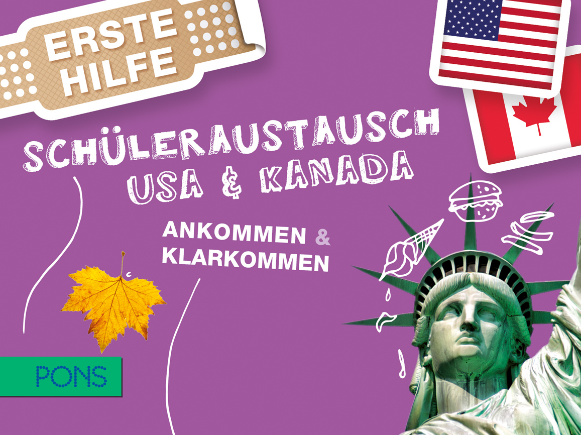 Lila Plakat mit Schüleraustausch USA & Kanada: Ankommen & Klarkommen. Freiheitsstatue, US-amerikanische und kanadische Flagge, Lebensmittelsymbole, Blatt und Erste Hilfe-Abzeichen enthalten.