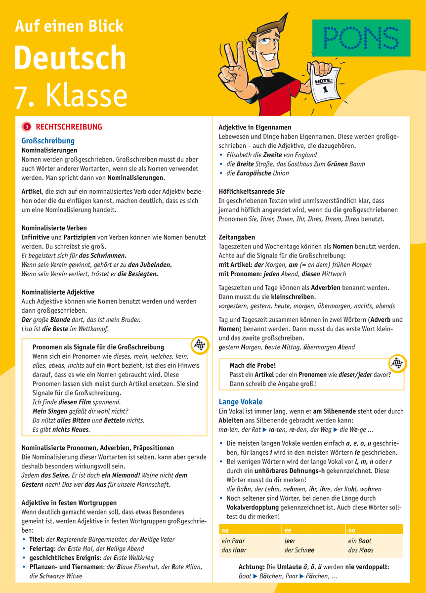 Übersichtsblatt für den Deutschunterricht in der 7. Klasse über Rechtschreibung, Nominalisierung, Verwendung von Adjektiven als Eigennamen und Richtlinien für die Großschreibung mit Beispielen und Tipps.
