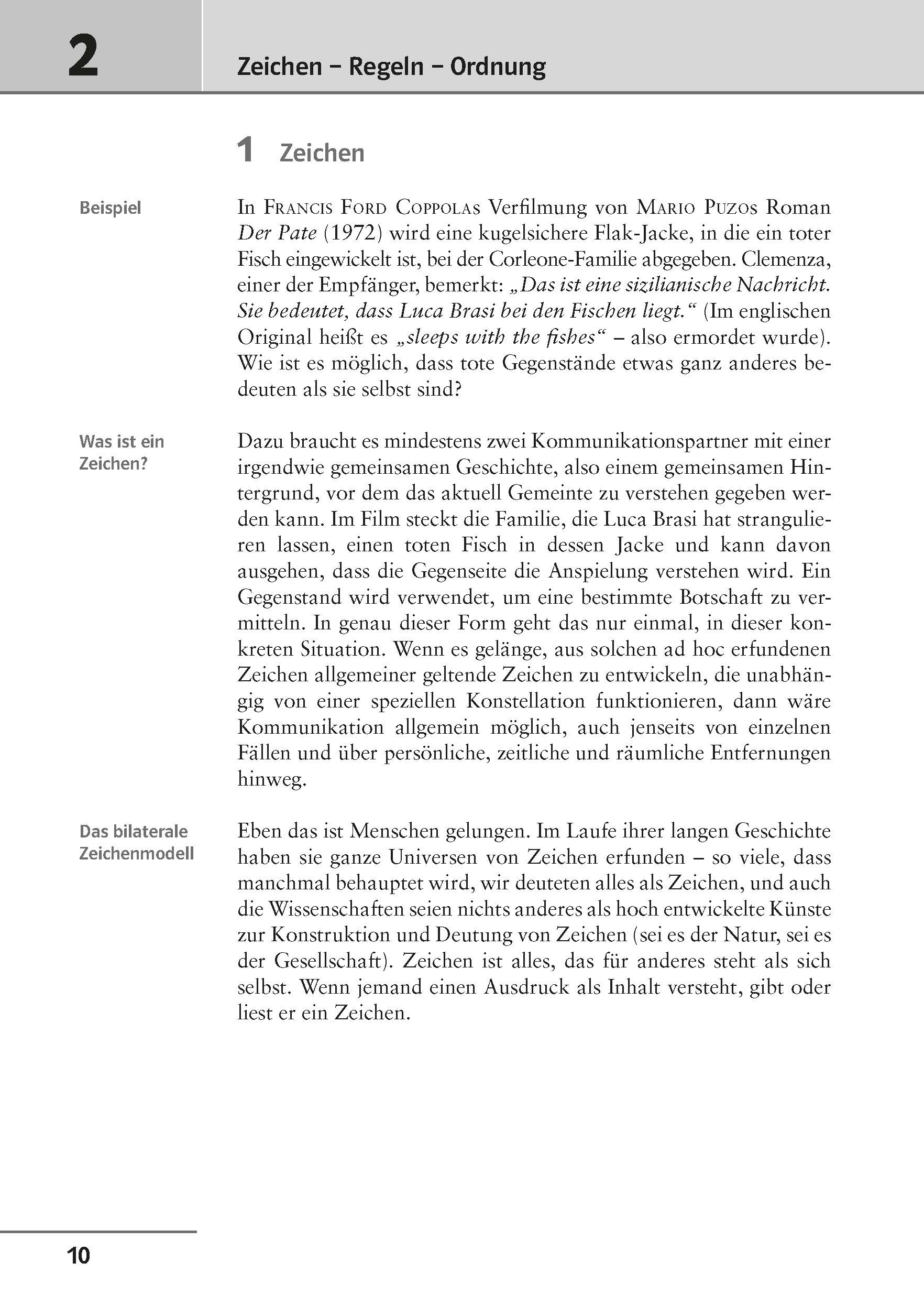 Eine Lehrbuchseite mit deutschem Text, auf der Zeichen anhand eines Beispiels aus Der Pate besprochen werden, mit beschrifteten Abschnitten und einer Seitenleiste für Definitionen.