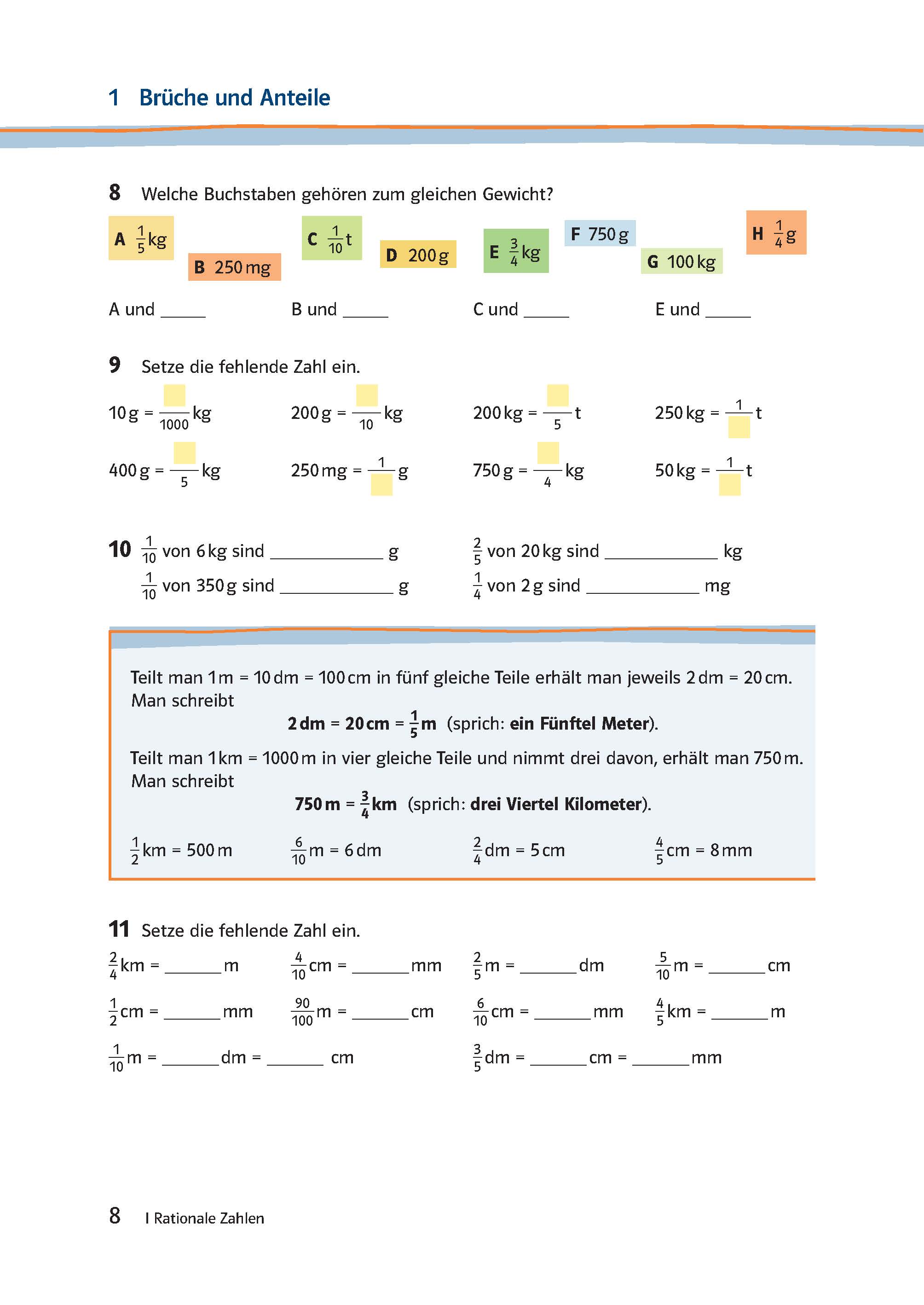 Deutsche Mathearbeitsseite mit Übungen zu Gewichten, metrischen Einheiten und Brüchen, einschließlich Lückentexten und Umrechnungsaufgaben mit Gramm, Kilogramm, Meter und Zentimeter.