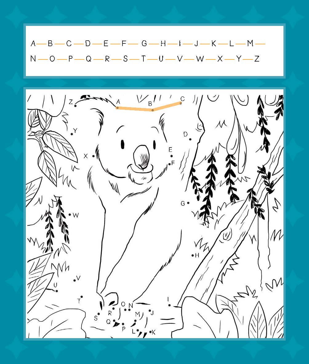Schwarz-Weiß-Malvorlage eines Koalas in einem Wald, mit Buchstaben des Alphabets, die über das ganze Bild verstreut sind, für eine Aktivität. Ein Alphabet Schlüssel ist an der Spitze angezeigt.