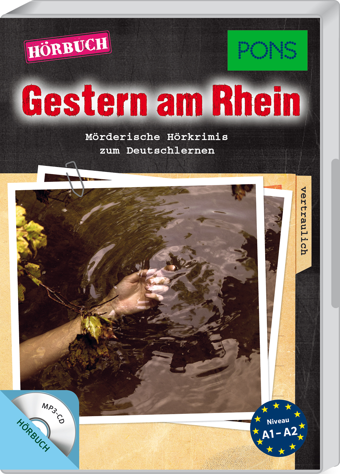 Eine Hand taucht aus dem trüben Flusswasser auf und hält ein Foto in der Hand; das Bild ist Teil eines deutschen Hörbuchcovers mit dem Titel Gestern am Rhein, mit Bildungs- und Hörbuchetiketten.