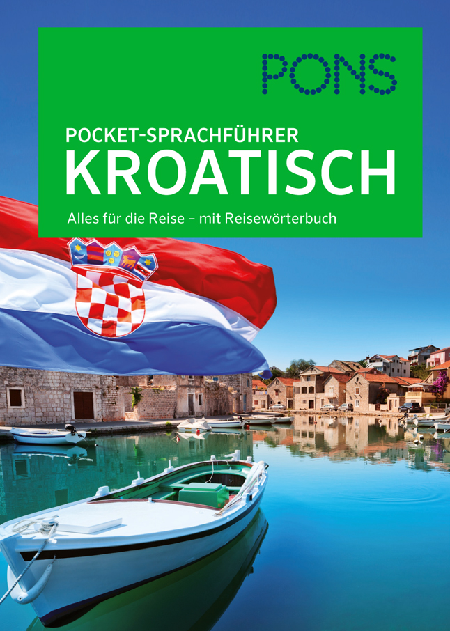 Umschlag eines deutsch-kroatischen Reiseführers mit einer kroatischen Flagge, Booten auf dem Wasser und traditionellen Gebäuden im Hintergrund.