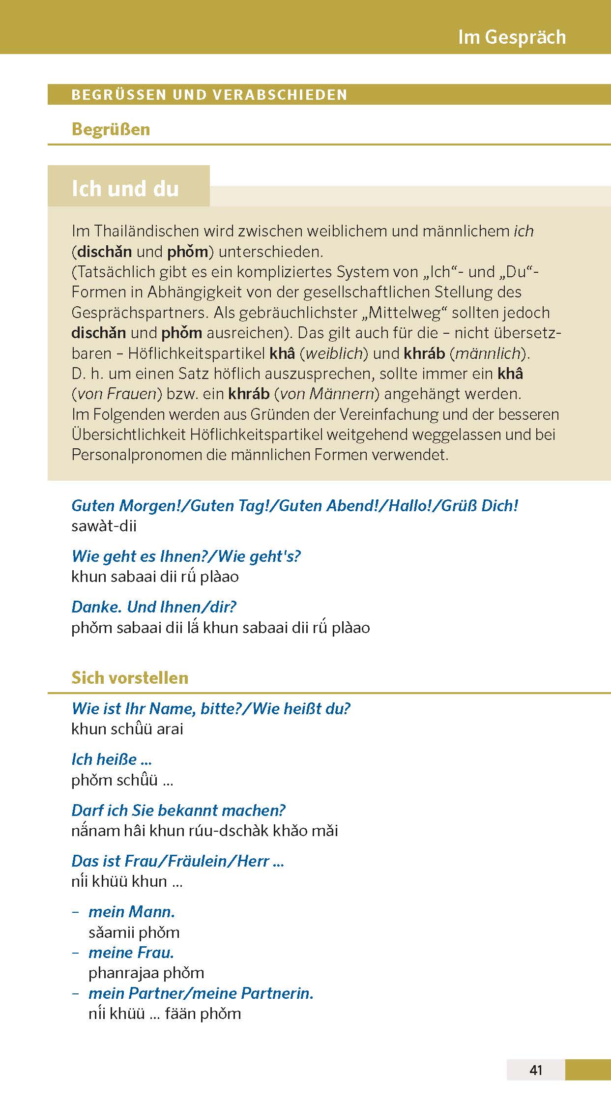 Eine deutschsprachige Lehrbuchseite erklärt die thailändischen Pronomen khâ (weiblich) und khráp (männlich) für Höflichkeit, mit hervorgehobenen Beispielen und Erklärungen in beiden Sprachen.