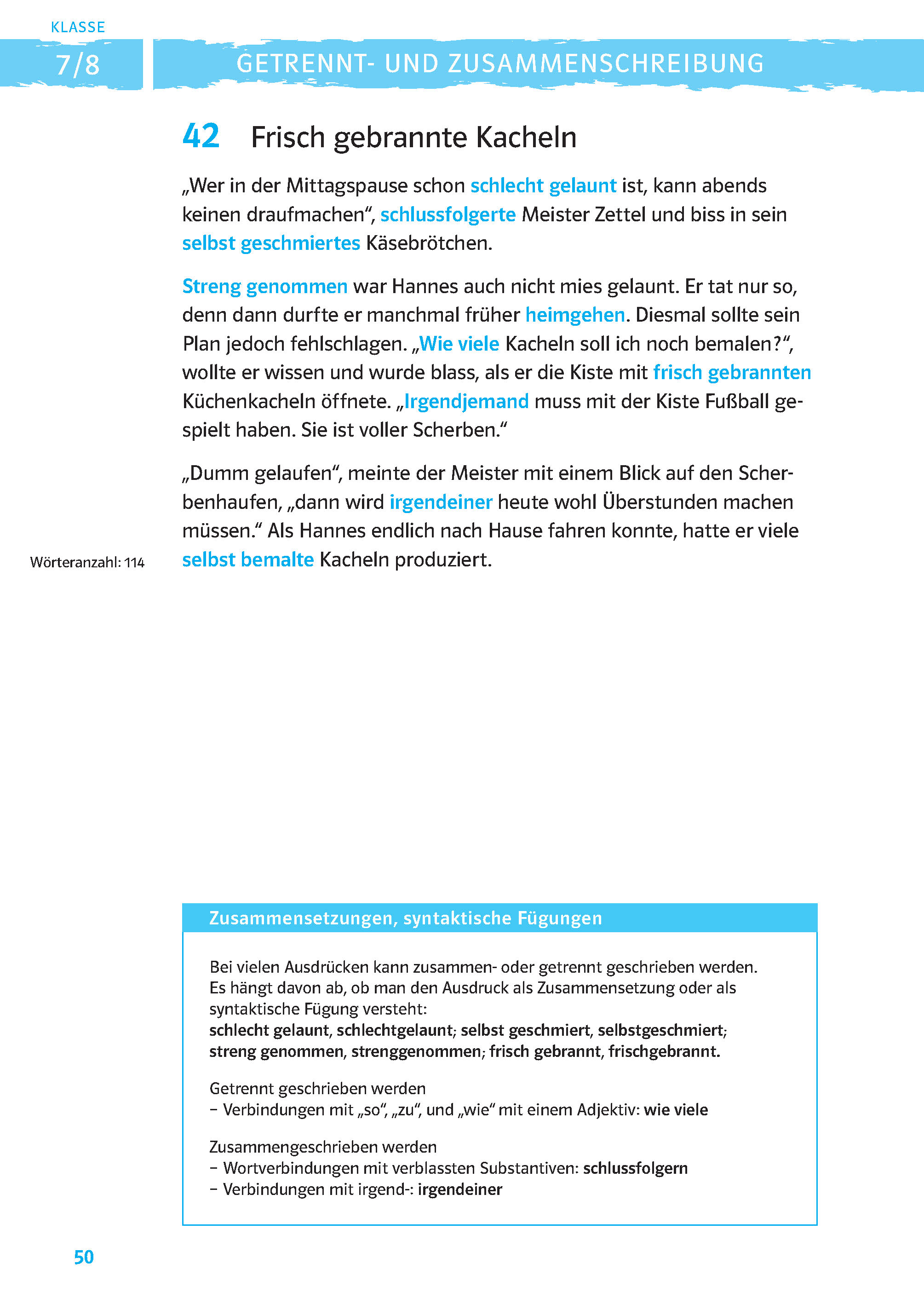 Eine deutsche Schulbuchseite behandelt frisch gebrannte Fliesen, einschließlich eines Zitats, eines Szenarios im Klassenzimmer und einer Frage zum Anstrich von Fliesen. Es wird blauer und schwarzer Text auf weißem Hintergrund verwendet.