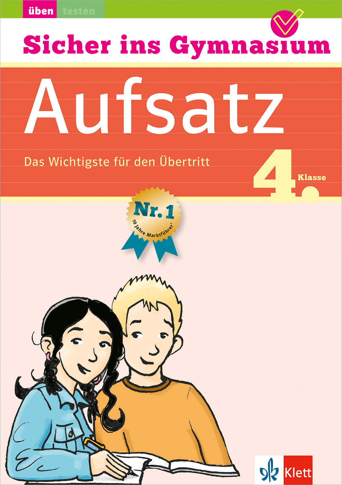 Buchumschlag mit dem Titel Aufsatz 4. Klasse, der ein Mädchen und einen Jungen zeigt, die zusammensitzen, mit Bildungsabzeichen und Verlagslogos im Hintergrund.