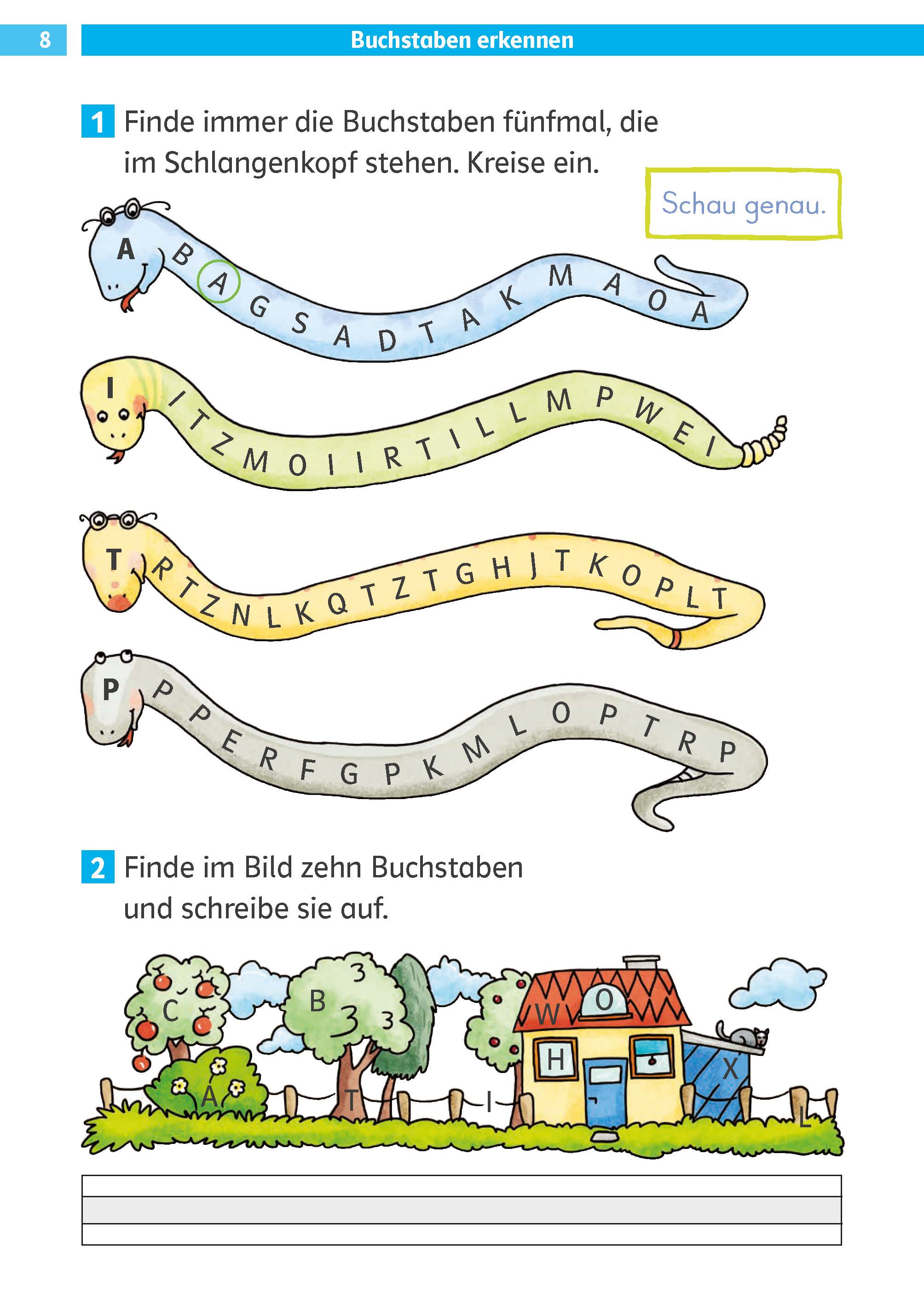 Drei Schlangen mit Buchstaben auf ihren Körpern; die Anweisungen fordern dazu auf, den Buchstaben F fünfmal einzukreisen. Darunter eine Häuserszene mit der Aufforderung, zehn versteckte Buchstaben auf dem Bild zu finden und zu schreiben.