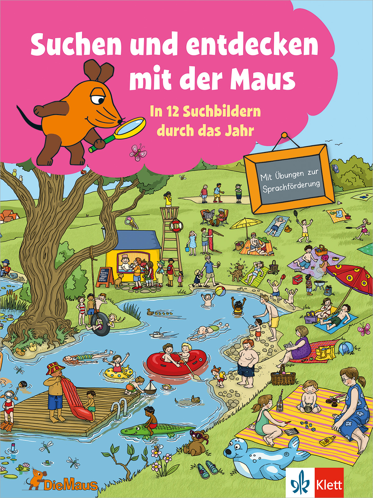 Illustrierte Szene von Menschen und Tieren, die sich in der Nähe eines Teiches an verschiedenen Aktivitäten im Freien erfreuen, mit einer Cartoon-Mausfigur, die in der oberen linken Ecke eine Lupe hält.