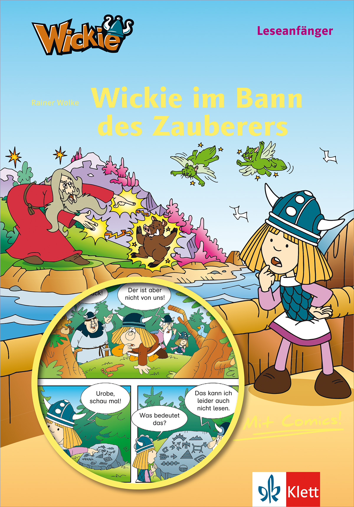 Umschlag eines Kinderbuchs mit dem Titel Wickie im Bann des Zauberers mit Zeichentrickfiguren der Wikinger, magischen Szenen und Comic-Tafeln mit deutschen Dialogen.