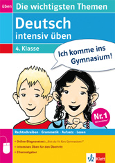 Umschlag eines Deutsch-Arbeitsheftes für Schüler der 4. Klasse, mit Cartoon-Kindern und den Texten Deutsch intensiv üben und Ich komme ins Gymnasium! auf blauem Hintergrund.