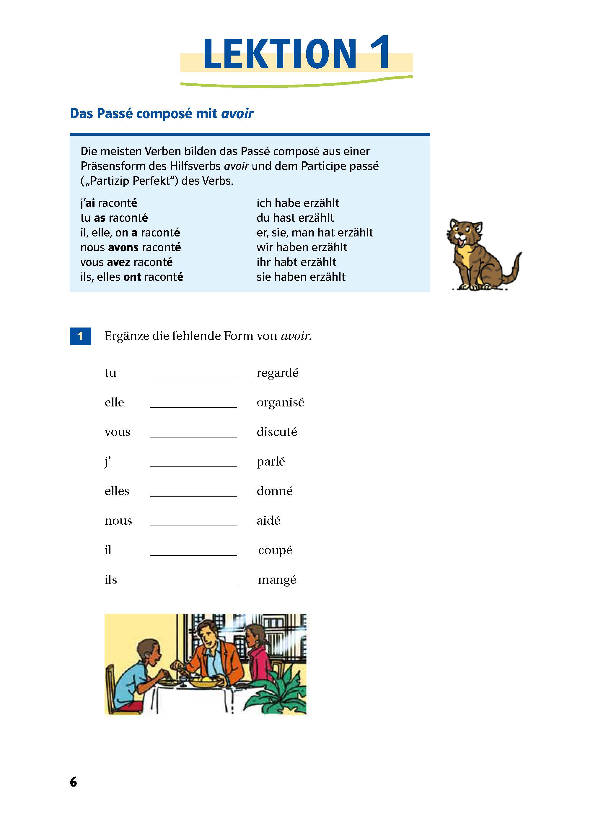 Eine deutschsprachige Lehrbuchseite zum Passé composé mit avoir, einschließlich Konjugationstabellen, einer Übung und zwei illustrierten Katzen.