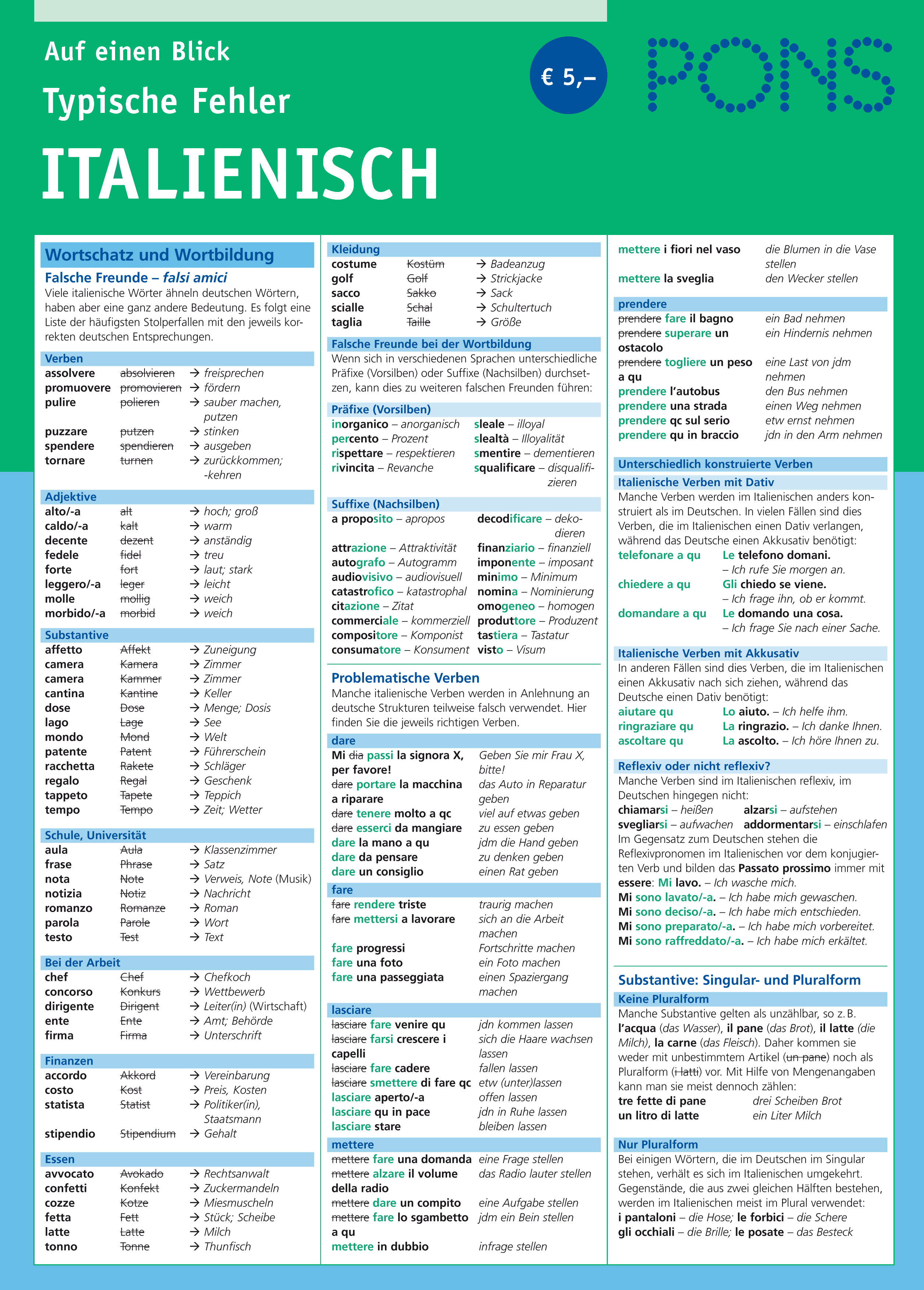 Eine deutschsprachige Referenztabelle, die häufige Fehler im Italienischen auflistet, einschließlich Vokabeln, Verben, Präpositionen und Singular/Pluralformen, gegliedert in farbige Abschnitte.