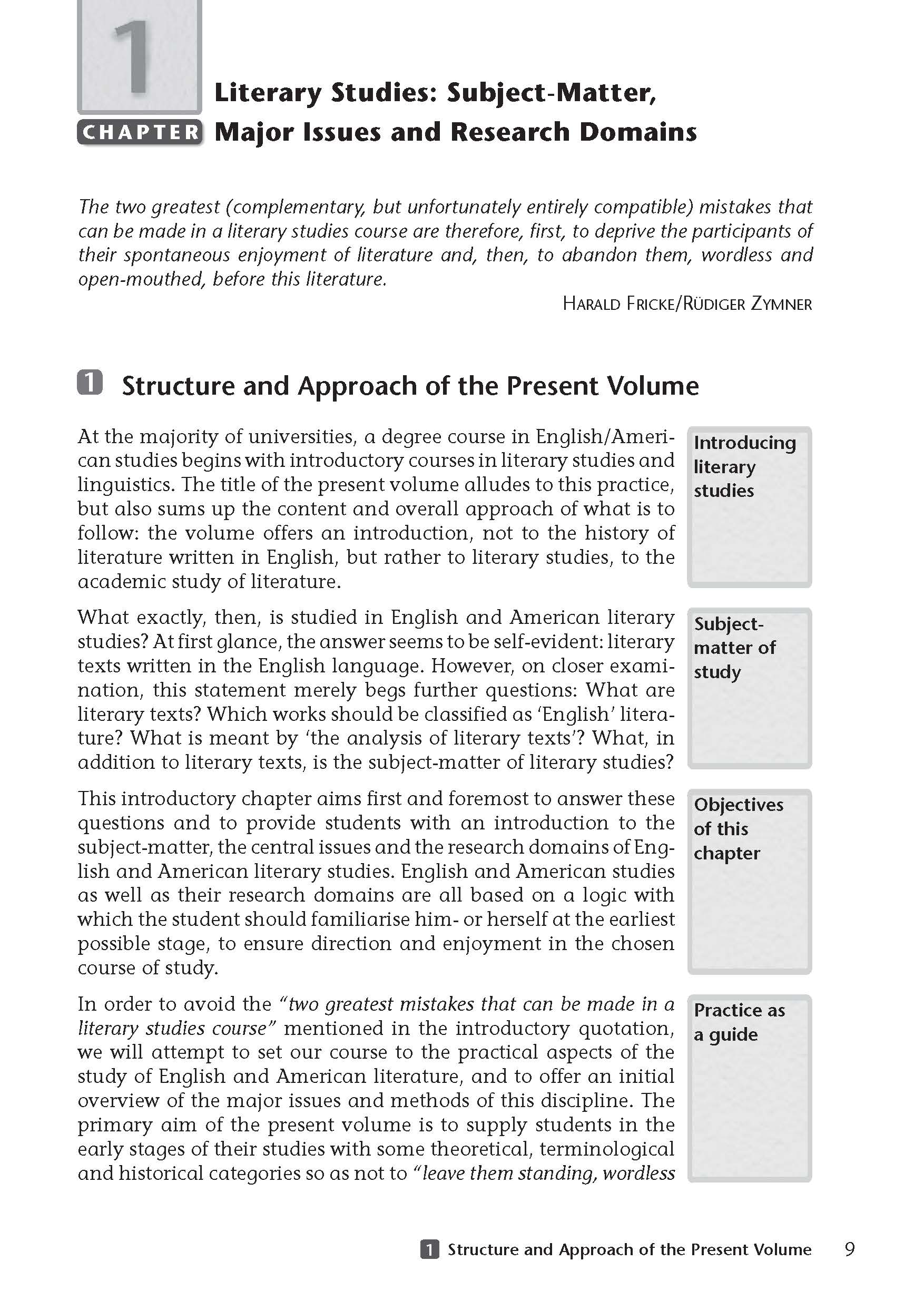Eine Lehrbuchseite mit dem Titel Literaturwissenschaft: Gegenstand, Hauptthemen und Forschungsbereiche mit Überschriften, einem Zitat und einem strukturierten Überblick über den Inhalt des Kapitels.
