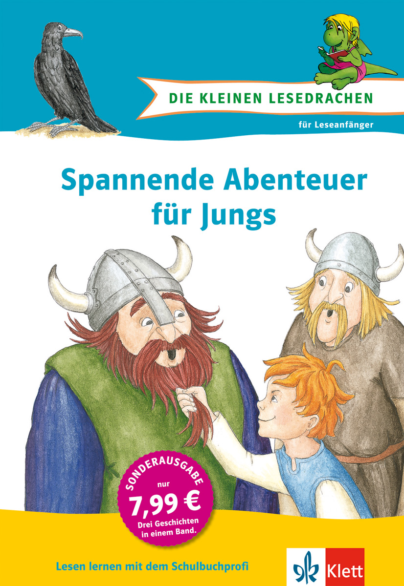 Buchumschlag mit einer Wikingerszene mit zwei erwachsenen Wikingern und einem lächelnden Jungen mit Helm sowie einem Zeichentrickdrachen und einem Vogel unter dem Titel Spannende Abenteuer für Jungs.