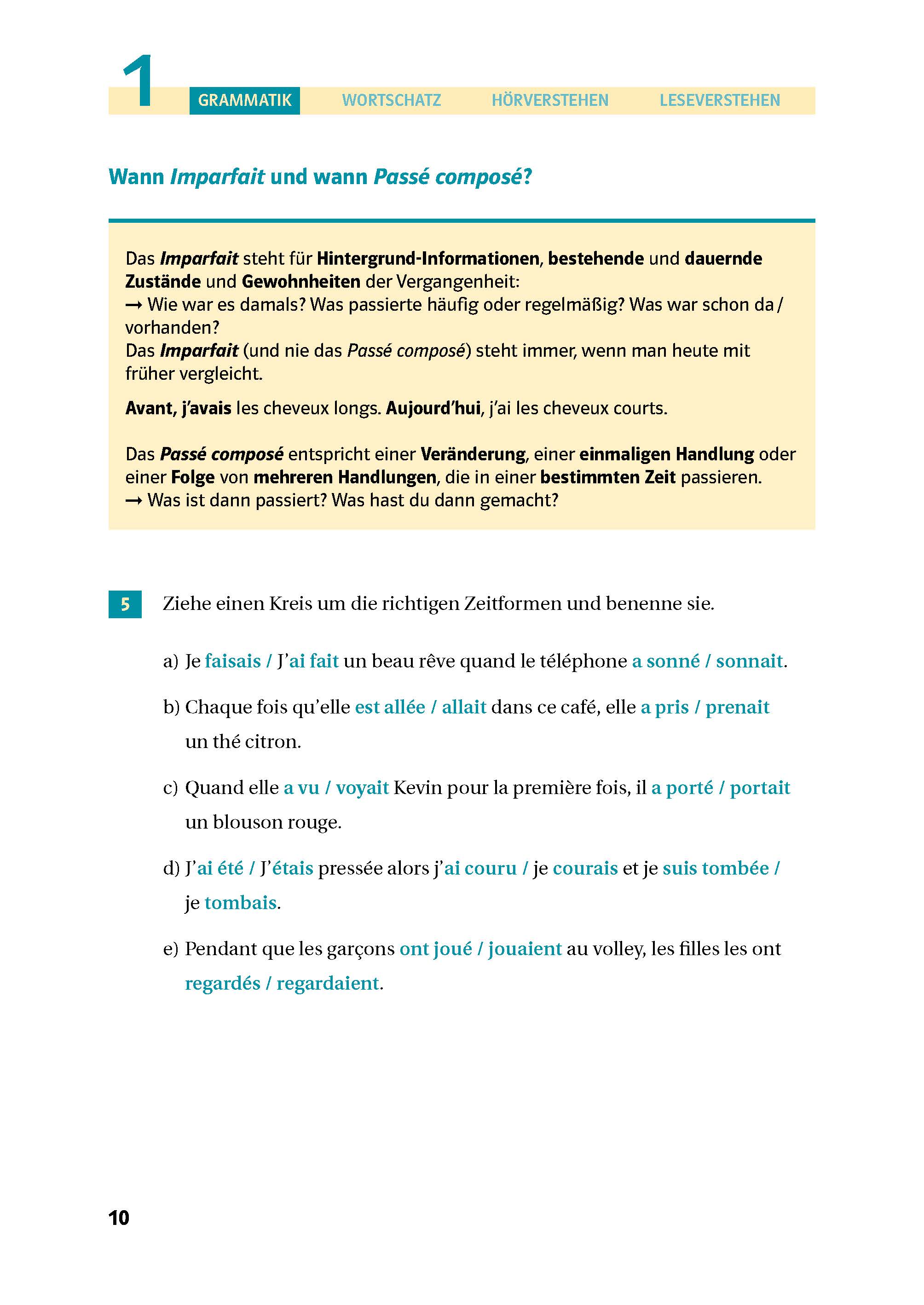 Eine deutschsprachige Lehrbuchseite erklärt die französischen Verbformen Imparfait und Passé composé, enthält farbliche Hervorhebungen und eine nummerierte Übung, die Sätze den richtigen Verbformen zuordnet.