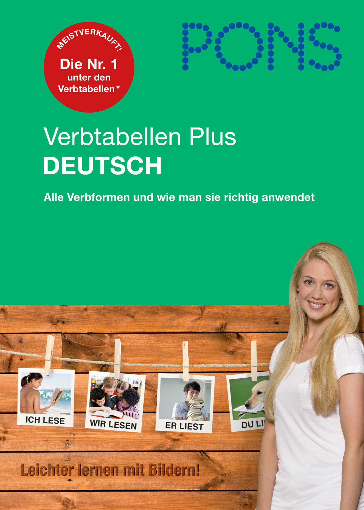 Cover eines deutschen Verbtabellenbuchs mit einer lächelnden Frau, Beispielverben mit Bildern und dem Titel Verbtabellen Plus Deutsch auf grünem Hintergrund.