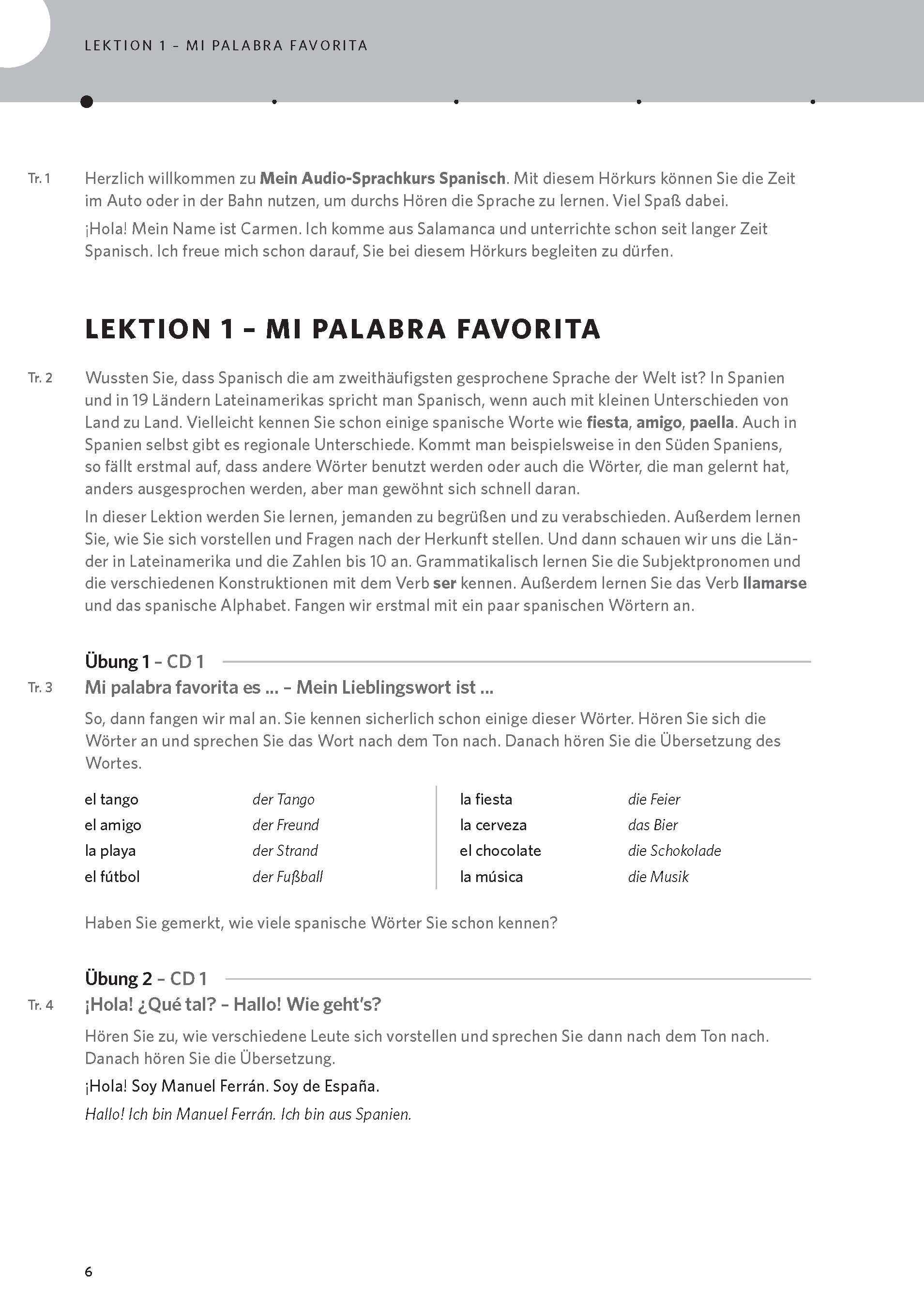 Eine Schulbuchseite mit deutschem und spanischem Text, die eine spanische Lektion mit dem Titel Mi Palabra Favorita einleitet, in der Fakten zur spanischen Sprache behandelt werden.