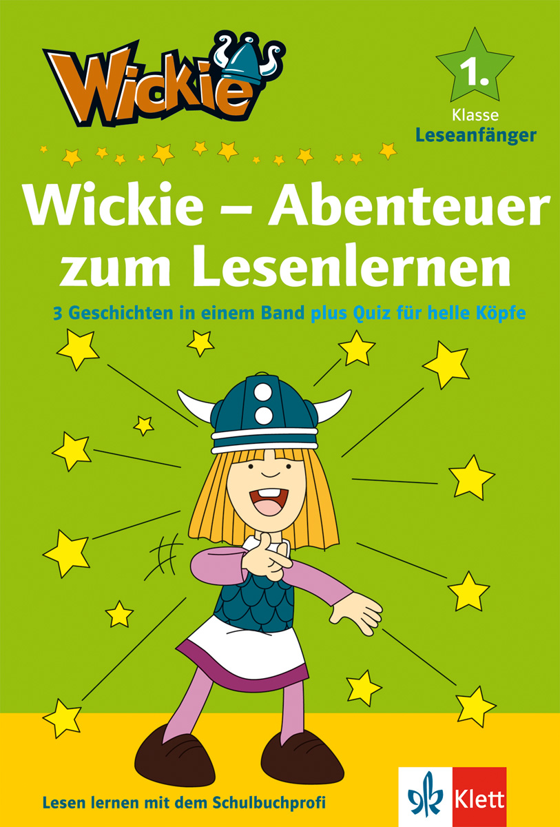 Das Buchcover zeigt ein lächelndes Wikingerkind mit erhobenen Armen, umgeben von Sternen. Der Text fördert Leseabenteuer für Anfänger in der ersten Klasse.