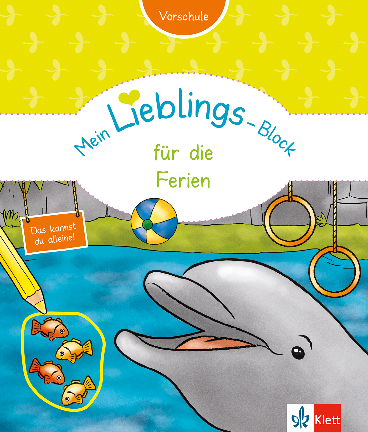 Illustrierter Umschlag eines Arbeitsbuchs für Kinder mit einem Delphin, drei Fischen in einem Teich, Spielplatzringen, einem Ball und dem Titel Mein Lieblings-Block für die Ferien.