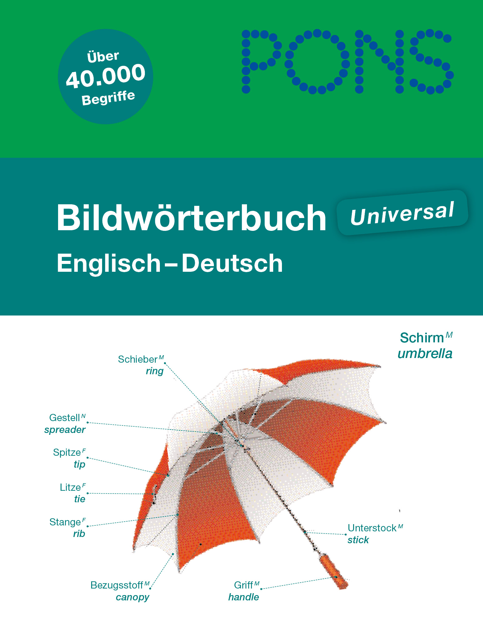 Der Umschlag eines PONS Bildwörterbuchs Englisch-Deutsch zeigt einen illustrierten Regenschirm, dessen Teile in beiden Sprachen beschriftet sind.