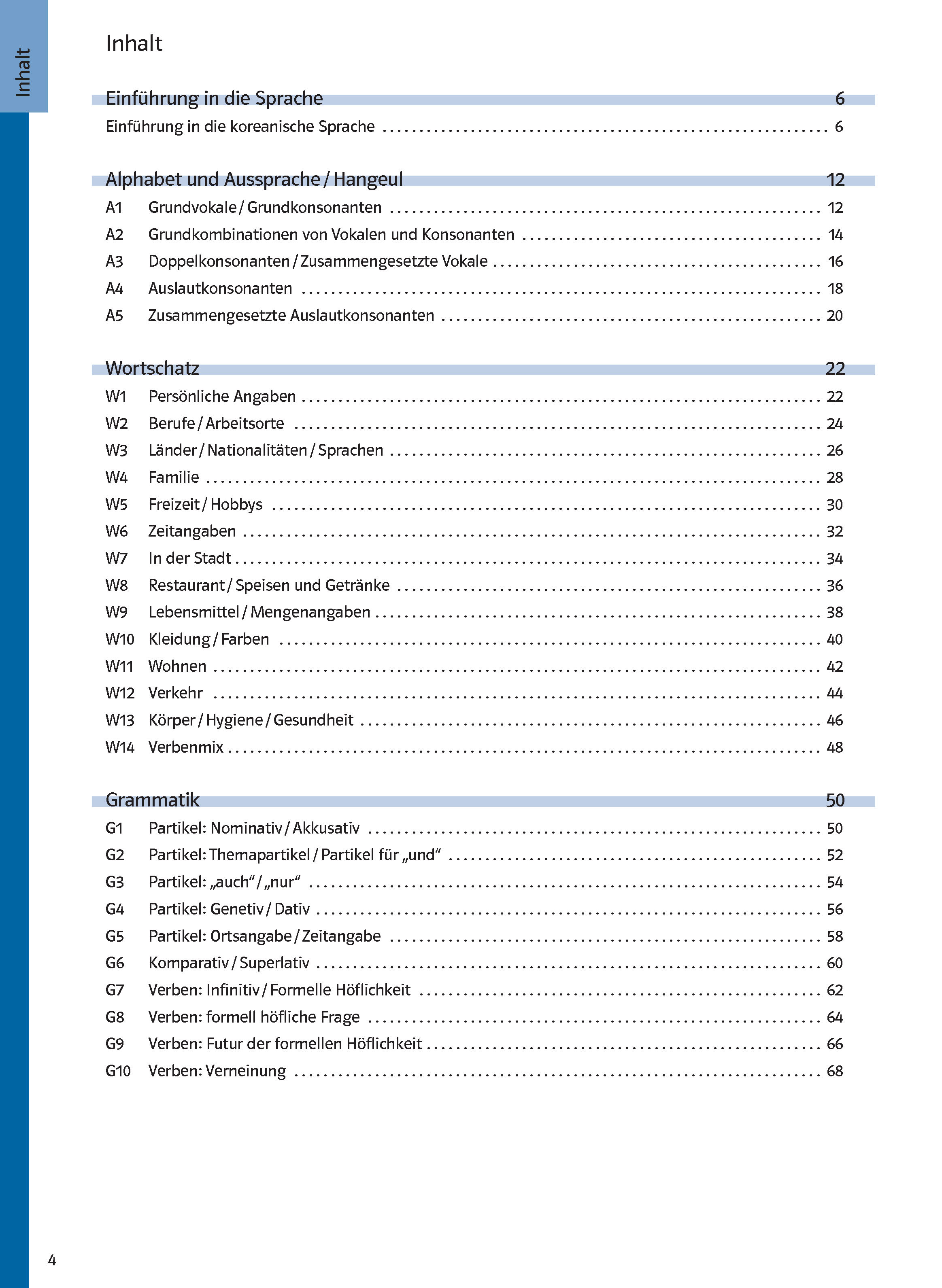 Inhaltsverzeichnis eines koreanischen Lehrbuchs in deutscher Sprache, das Abschnitte zu Aussprache, Alphabet, Wortschatz und Grammatik mit den entsprechenden Seitenzahlen enthält.