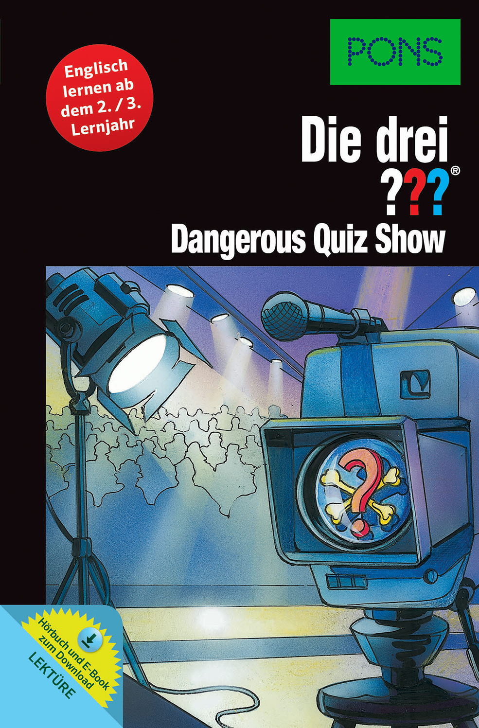 Eine Fernsehkamera mit einem Fragezeichen auf dem Bildschirm blickt auf eine hell erleuchtete Bühne mit Publikum, unter dem Titel Die drei ?? Dangerous Quiz Show.