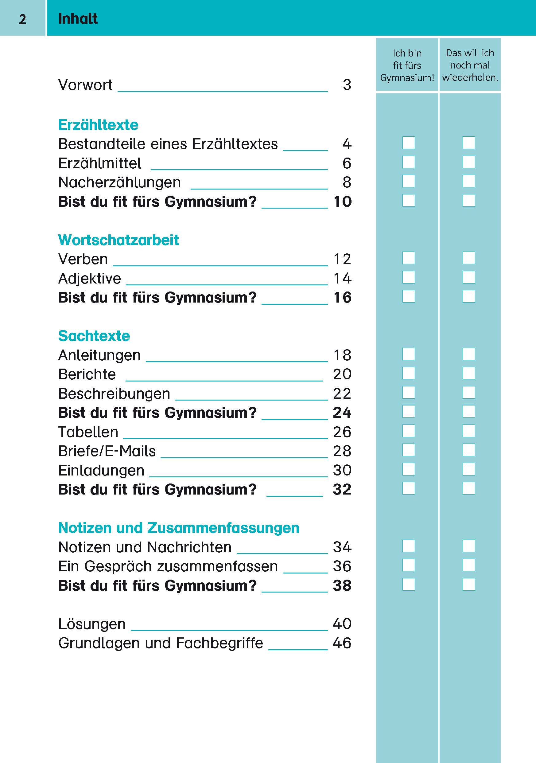 Inhaltsverzeichnis eines Deutschlehrbuchs mit Abschnitten zu Geschichten, Vokabeln, Sachtexten, Notizen und Zusammenfassungen, mit entsprechenden Seitenzahlen und Kontrollkästchen.