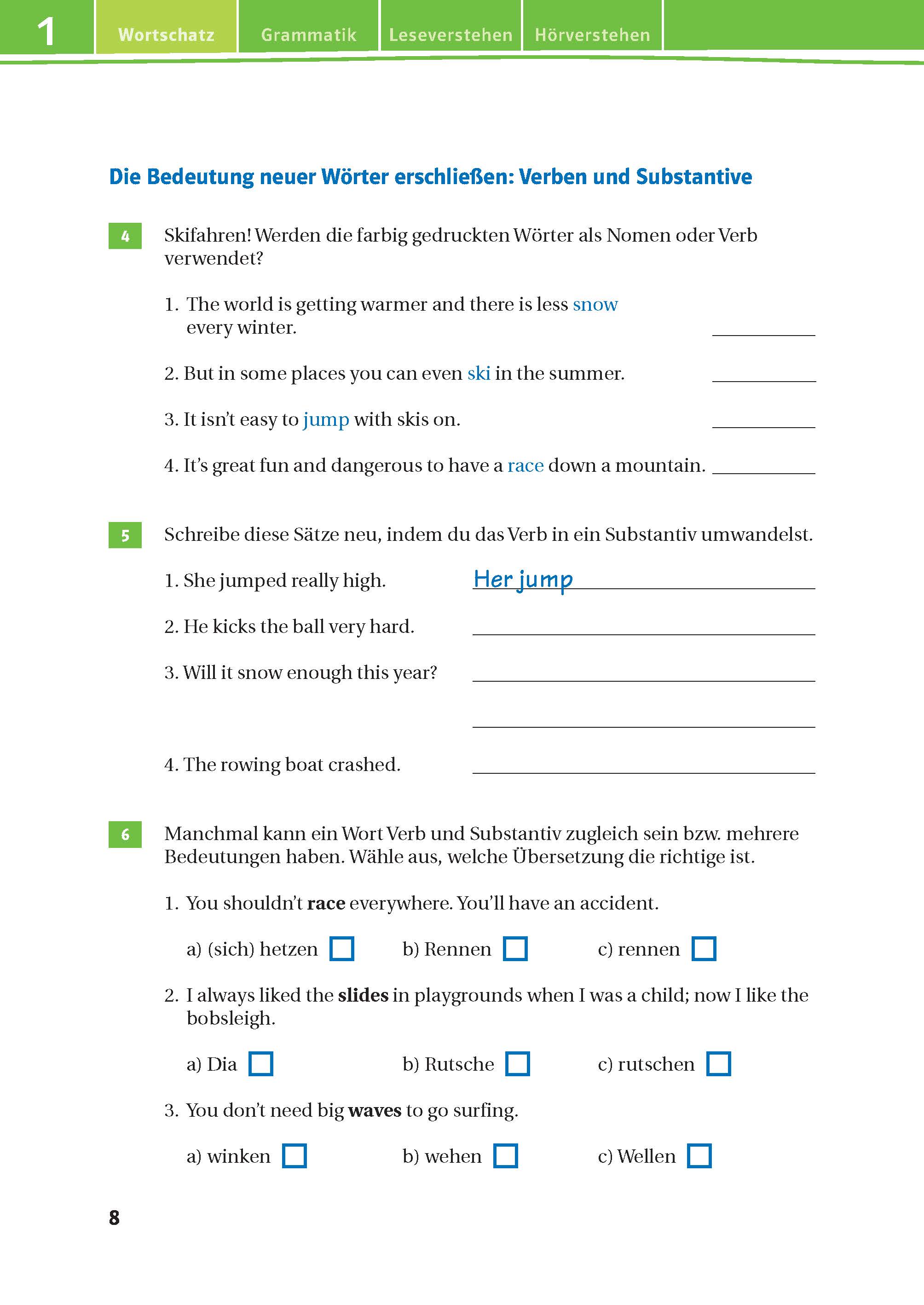 Ein Arbeitsblatt zum Erlernen der deutschen Sprache mit Vokabel-, Grammatik- und Übersetzungsübungen zu Verben und Substantiven, mit Lückentexten und Anweisungen auf Deutsch und Englisch.