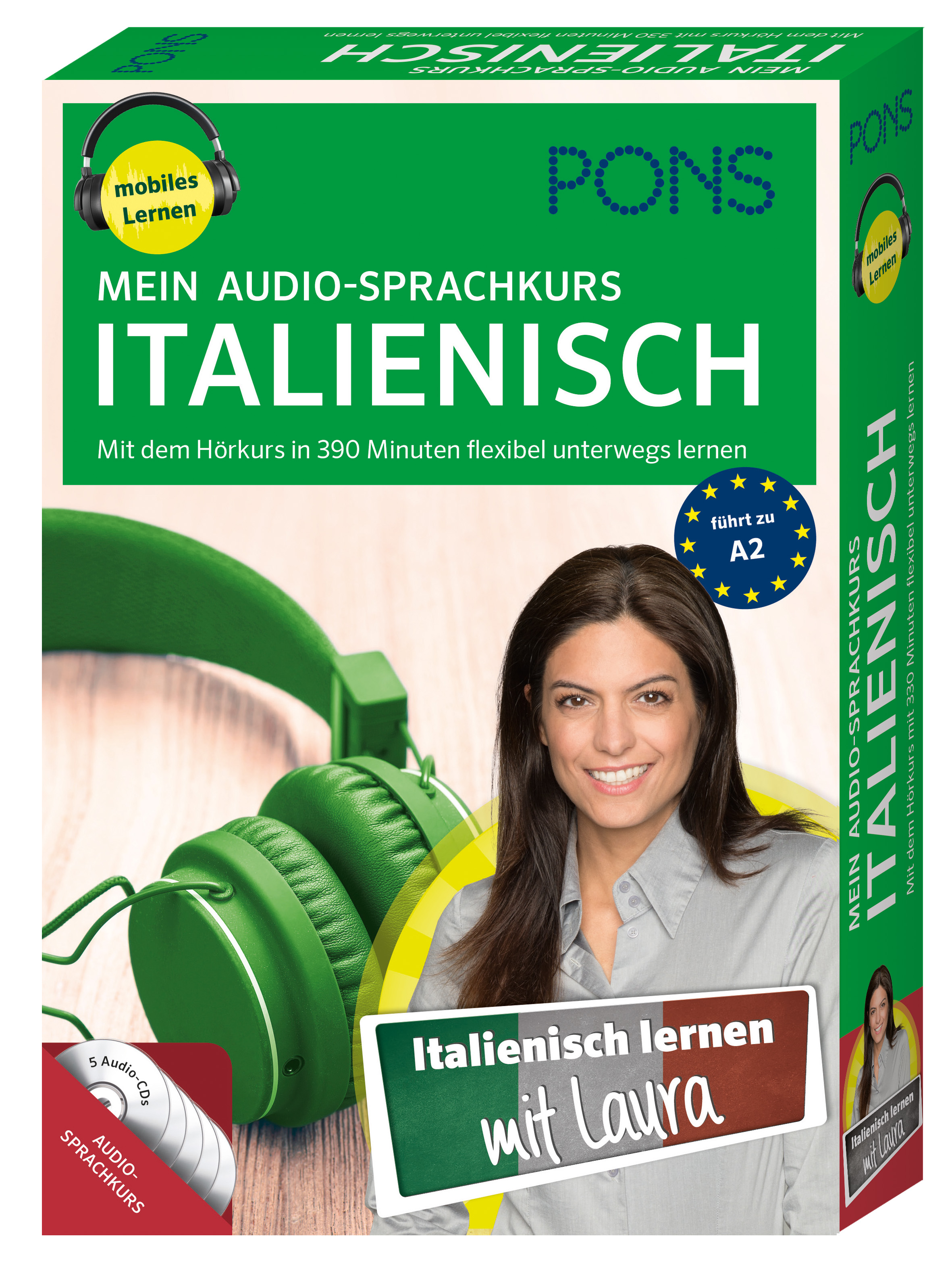 Die Verpackung eines PONS-Italienisch-Audiokurses zeigt ein Paar grüne Kopfhörer und eine lächelnde Frau mit einem Text über das Italienischlernen mit Laura.