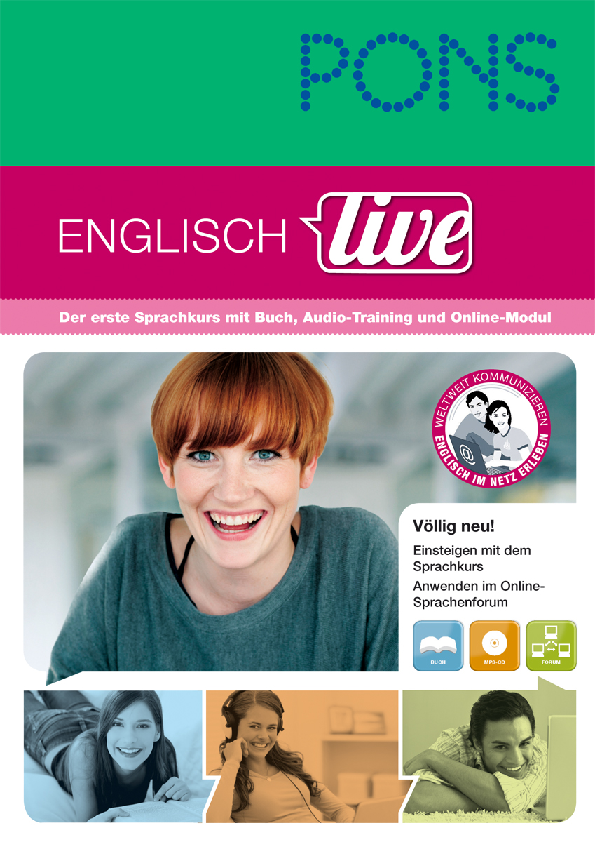 Umschlag eines deutschen Sprachlernbuchs mit dem Titel PONS Englisch live, mit einer lächelnden Frau und Symbolen für Audio-, Online- und Buch-Lernmodule.