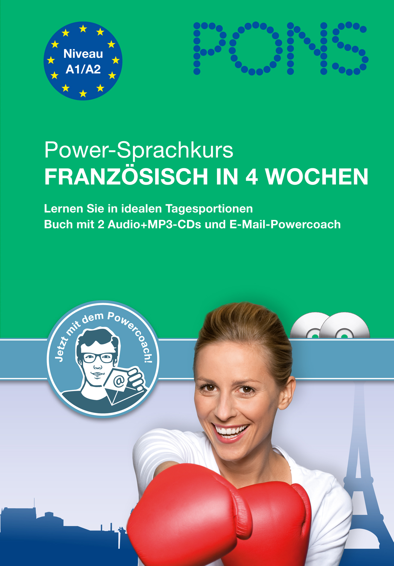 Buchumschlag für einen Französisch-Sprachkurs mit dem Titel Französisch in 4 Wochen, der eine lächelnde Frau mit roten Boxhandschuhen und einen Werbetext zum Kursinhalt zeigt.