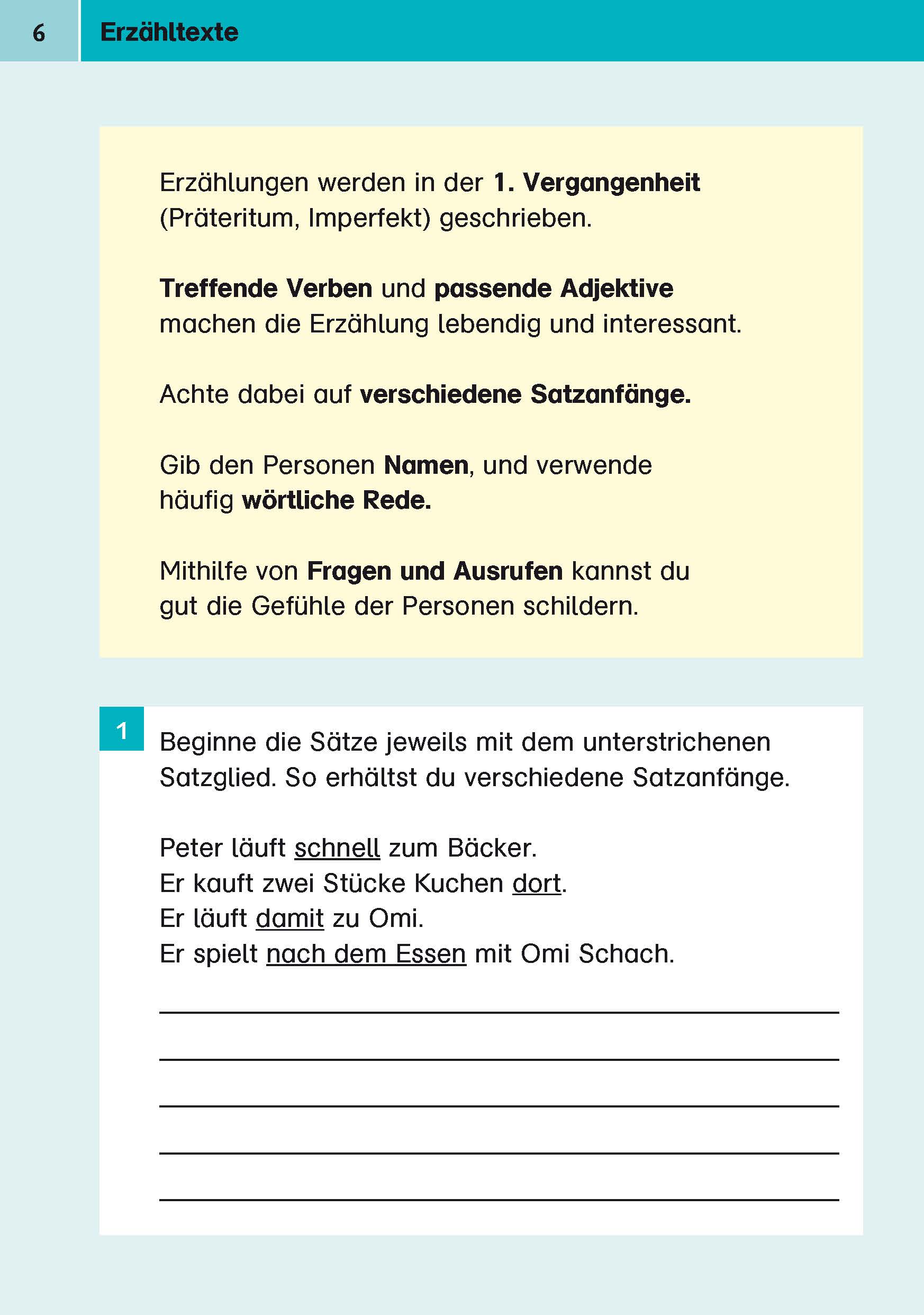 Ein Arbeitsblatt zur deutschen Sprache erklärt die Regeln für das Schreiben von Erzählungen und bietet Übungen zur Satzbildung und zu Verben, mit Leerzeilen für die Antworten der Schüler.