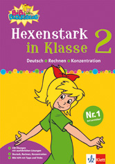 Umschlag eines deutschen Arbeitsbuchs mit dem Titel Hexenstark in Klasse 2 mit einem Cartoon-Mädchen mit blondem Haar, das ein grünes Hemd und eine Schleife trägt, auf einem lila Hintergrund mit bunten Akzenten.