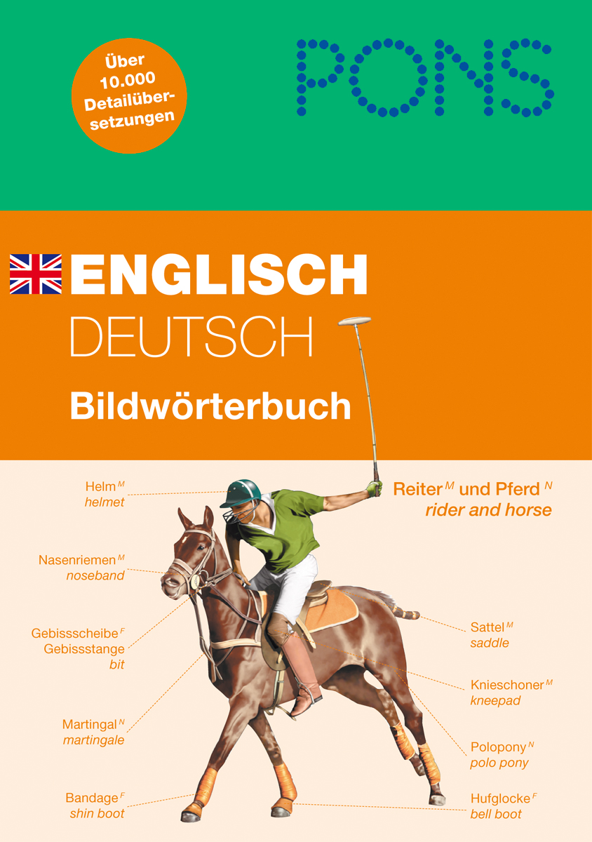 Der Umschlag eines PONS Bildwörterbuchs Englisch-Deutsch zeigt ein beschriftetes Bild eines Polospielers auf einem Pferd, mit Vokabeln in beiden Sprachen.