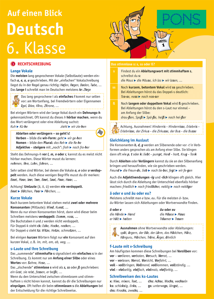 Ein Lernblatt zur deutschen Sprache für die 6. Klasse, das lange Vokale, Rechtschreibregeln und Wortbildung behandelt, mit hervorgehobenen Beispielen und Cartoon-Illustrationen.
