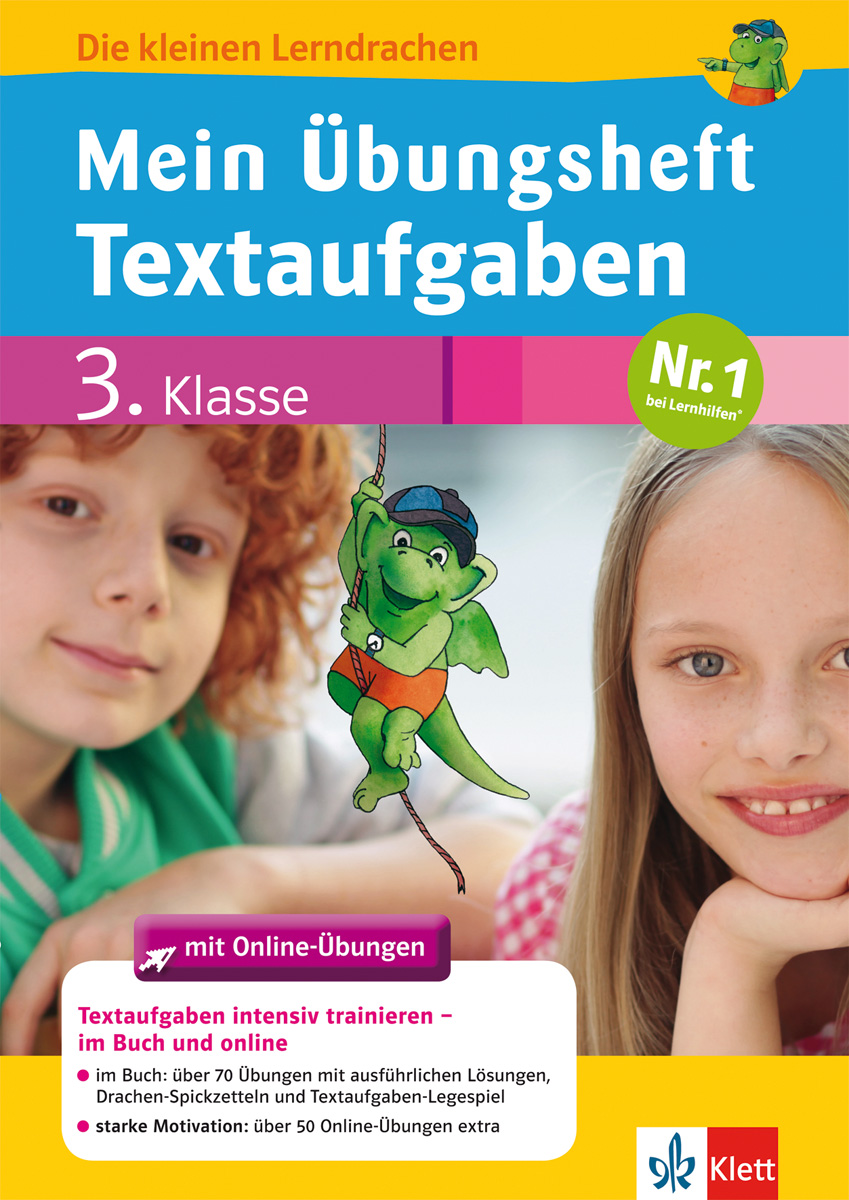 Umschlag eines deutschen Arbeitsbuchs für Textübungen in der 3. Klasse, mit einem Zeichentrickdrachen und zwei Kindern, erschienen bei Klett.