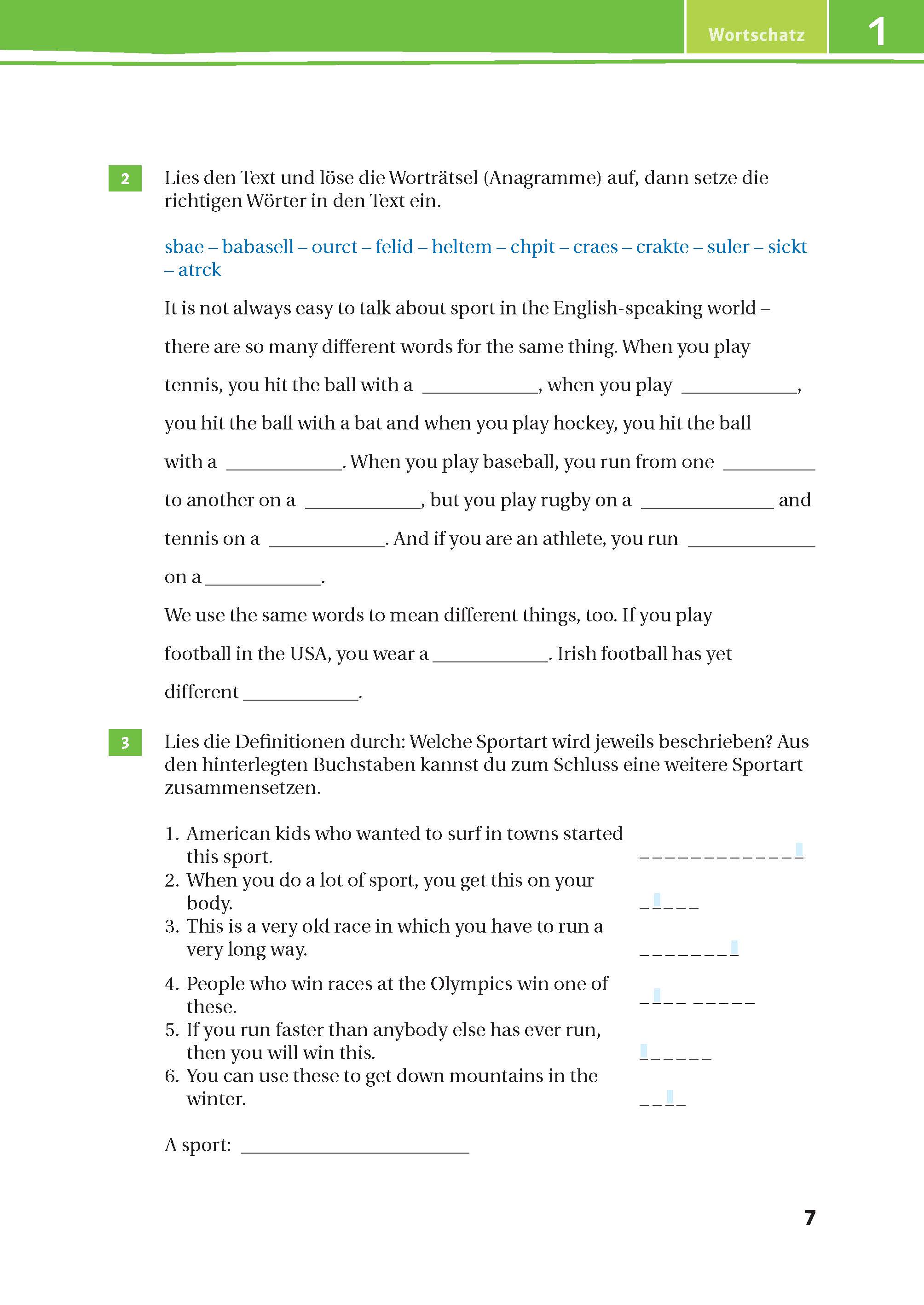 Eine deutschsprachige Arbeitsbuchseite mit Vokabeln und ausfüllbaren englischen Übungen zu Sportarten und Wortbedeutungen, einschließlich Anweisungen und grün hervorgehobenen Abschnittsnummern.
