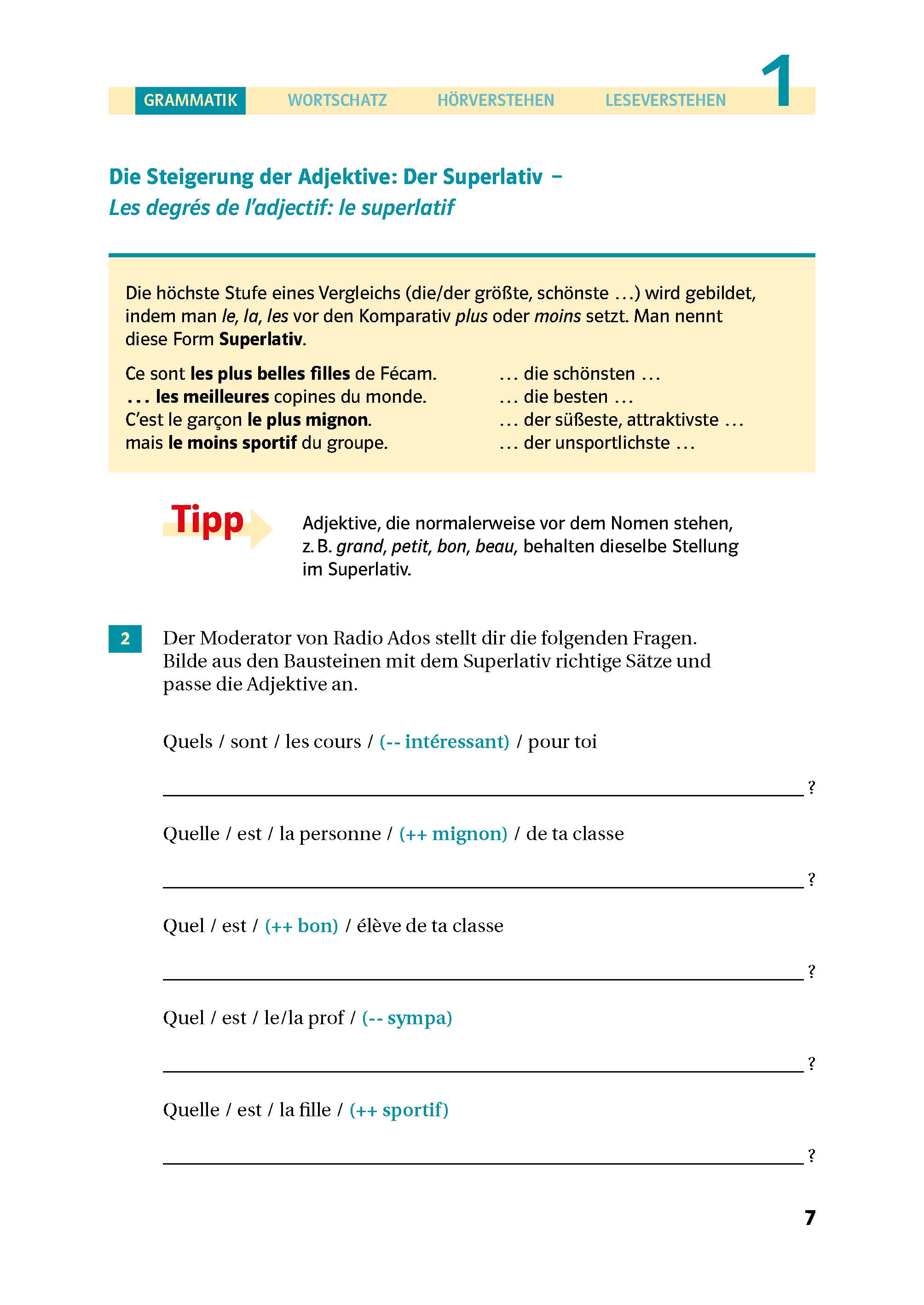 Eine Seite im Deutschlehrbuch erklärt die Superlativform von Adjektiven, enthält Beispielsätze und eine Übung, bei der die Lernenden aufgefordert werden, Superlative mit vorgegebenen Adjektiven zu bilden.