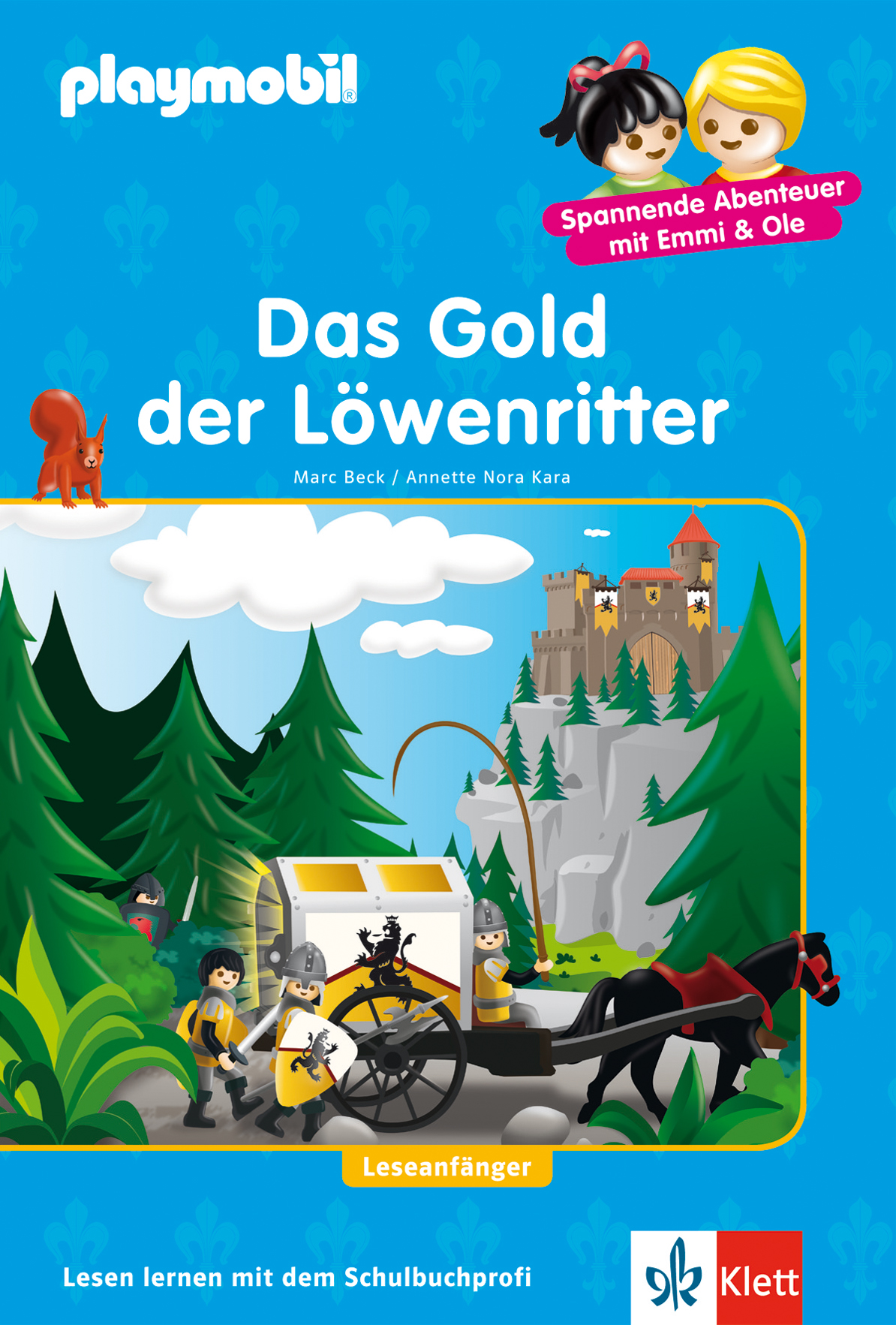 Umschlag eines Kinderbuchs mit dem Titel Das Gold der Löwenritter mit Rittern, einer Kutsche, einer Burg und einer Waldszene mit Zeichentrickfiguren.