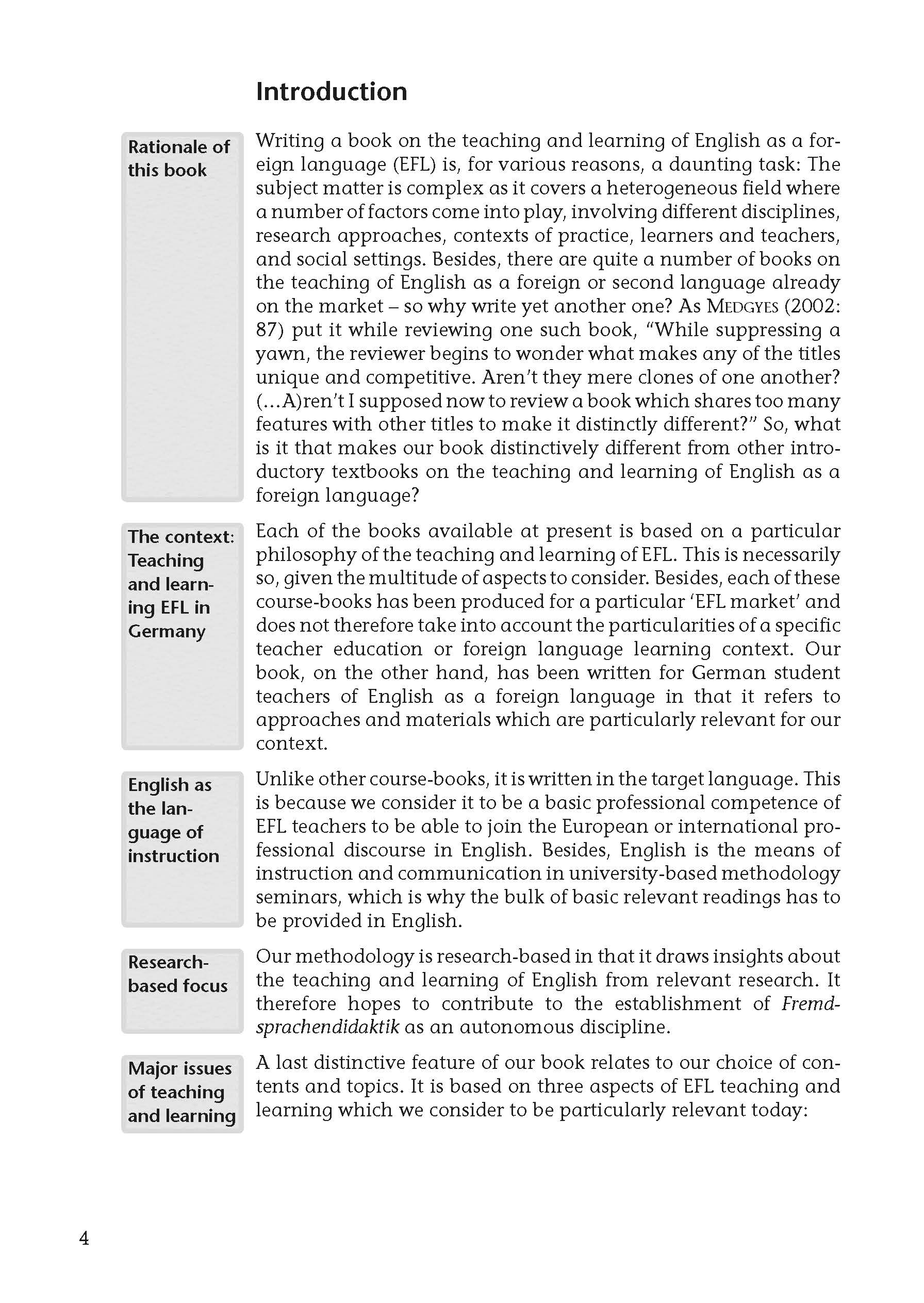 Eine Lehrbuchseite mit dem Titel Einführung mit Abschnitten über die Gründe, den Kontext, die Ziele, die Forschungsgrundlage und die wichtigsten Themen des Lehrens und Lernens von Englisch als Fremdsprache (EFL).