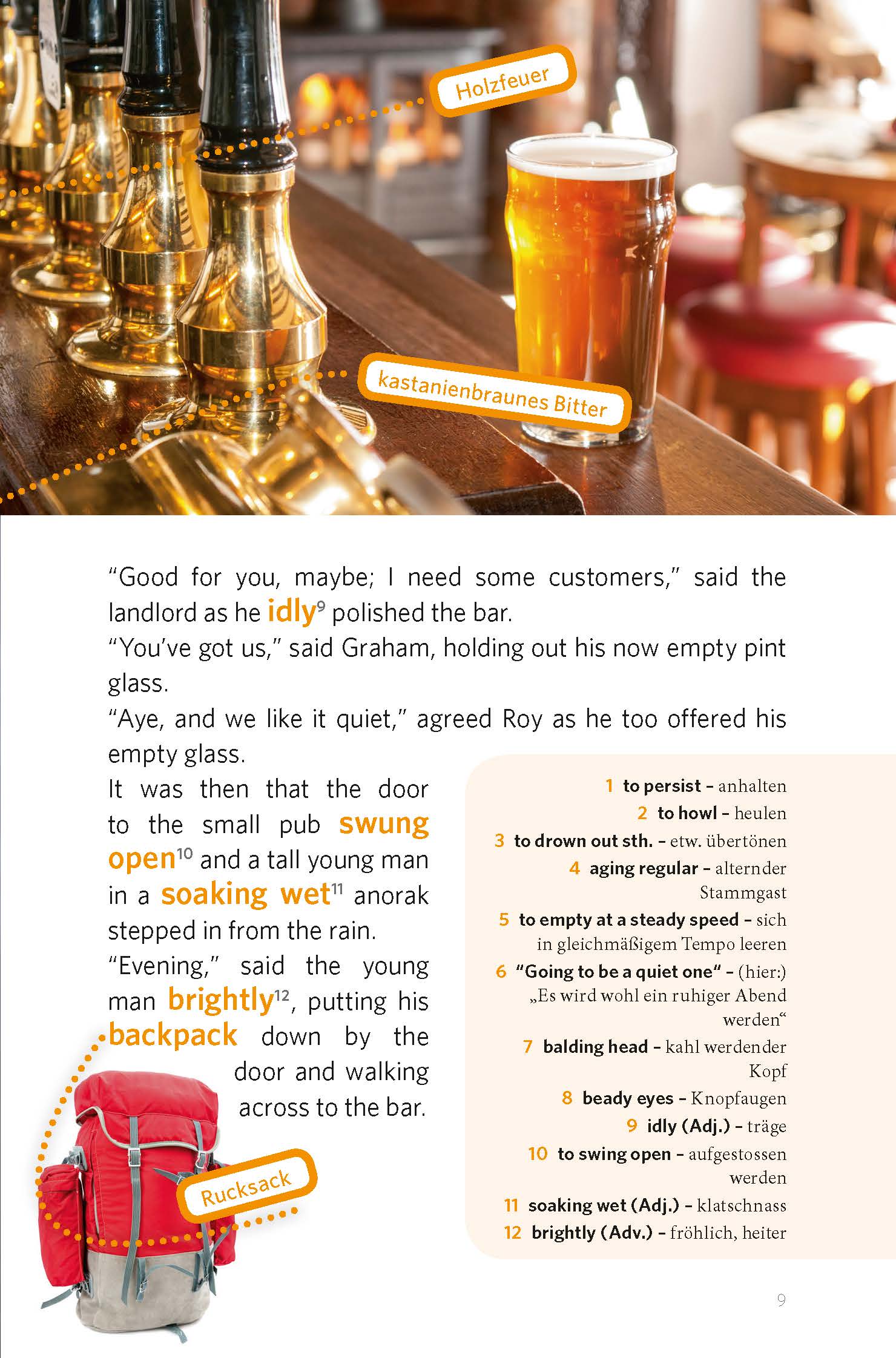 Ein Mann in einer Bar spricht mit einem Barkeeper. Der eingefügte Wortschatz hebt deutsche Wörter und Redewendungen hervor, mit einem Foto eines roten Rucksacks unten links mit der Aufschrift Rucksack.