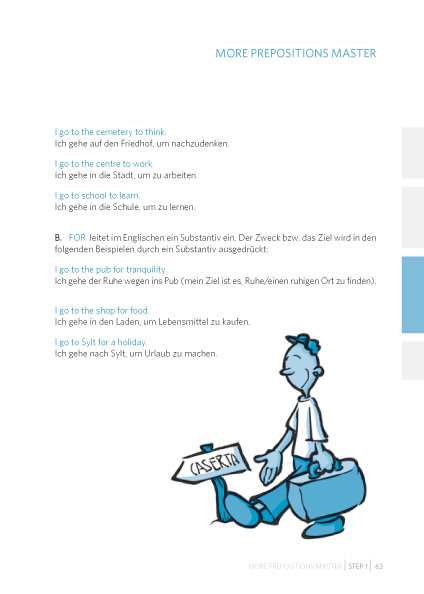 Eine Seite aus einem englischen Lehrbuch zeigt Sätze mit Präpositionen, deutsche Übersetzungen und eine blaue Illustration einer Person mit einem Koffer, der mit CASERTA beschriftet ist.