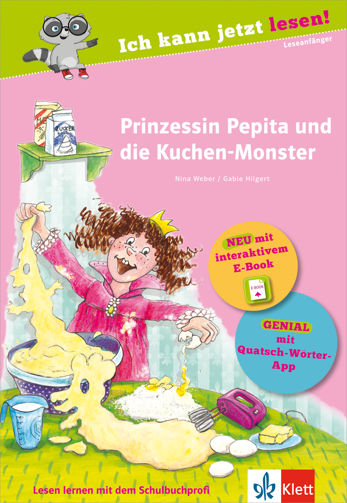 Ein fröhliches Mädchen mit einer Krone rührt fröhlich Kuchenteig in einer chaotischen Küche, mit einem Waschbär-Maskottchen und einem bunten Text, der für das Kinderbuch Prinzessin Pepita und die Kuchen-Monster wirbt.