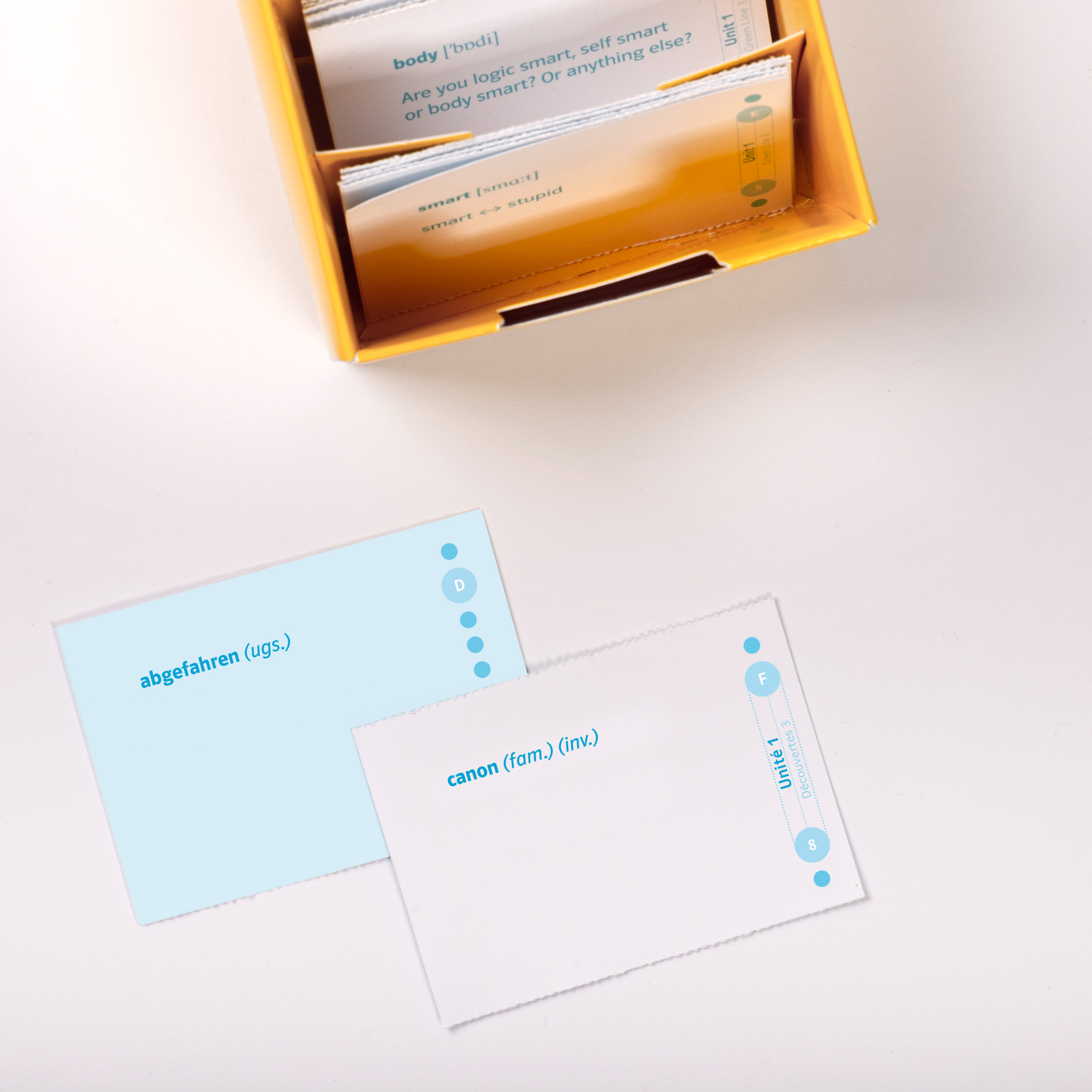 Eine gelbe Schachtel mit Lernkarten mit deutschen Wörtern und Definitionen, wobei zwei Karten - Abgefahren und Kanon - vor der Schachtel auf einer weißen Fläche abgebildet sind.