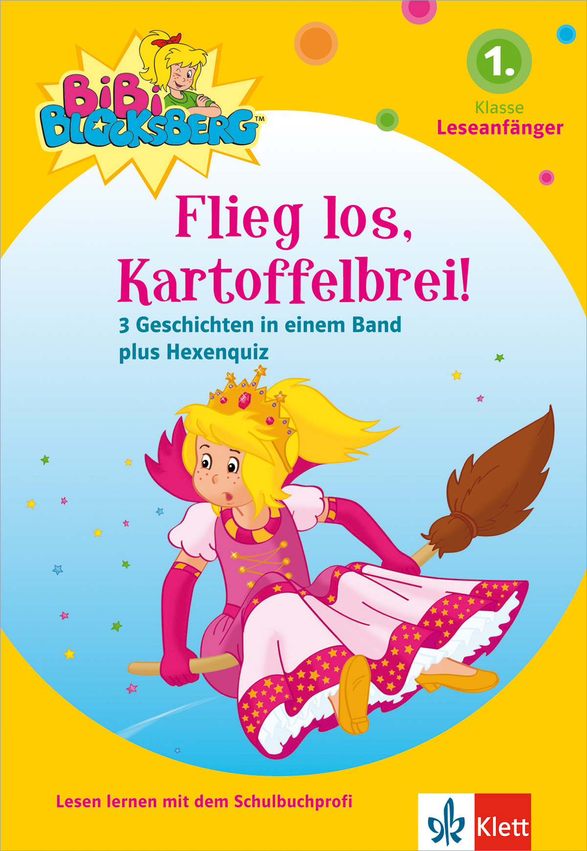 Umschlag eines Kinderbuchs mit dem Titel Flieg los, Kartoffelbrei! mit einem Cartoon-Mädchen in einem rosa Kleid und einer Krone, das auf einem Besenstiel reitet, mit Sternen und einem blauen Hintergrund.