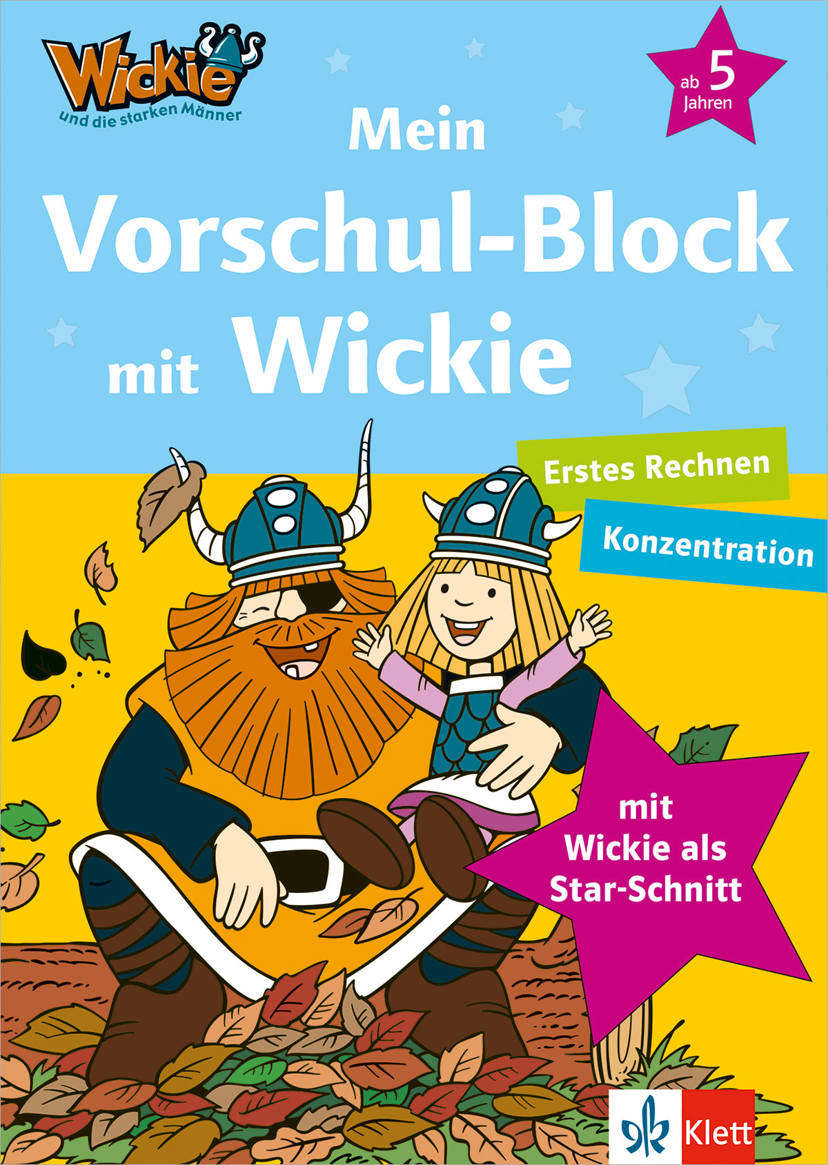Umschlag eines deutschen Vorschulbuchs mit dem Cartoon-Wikinger Wickie und einem erwachsenen Wikinger, mit Text zur Förderung von Mathematik und Konzentration und einem Wickie-Ausschnitt.