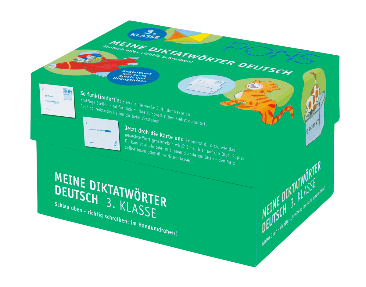 PONS Meine Diktatwörter Deutsch - 3. Klasse Eine grüne Box mit der Aufschrift Meine Diktatwörter Deutsch 3. Klasse mit Anleitungen, Illustrationen und pädagogischen Inhalten für deutsche Diktatwörter in der dritten Klasse.